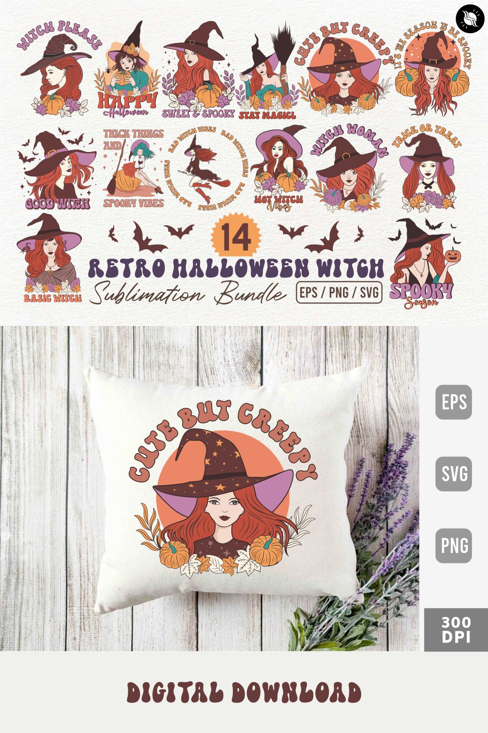 Retro Halloween Witch Sublimation T-shirt Designs Bundle pinterest preview image.