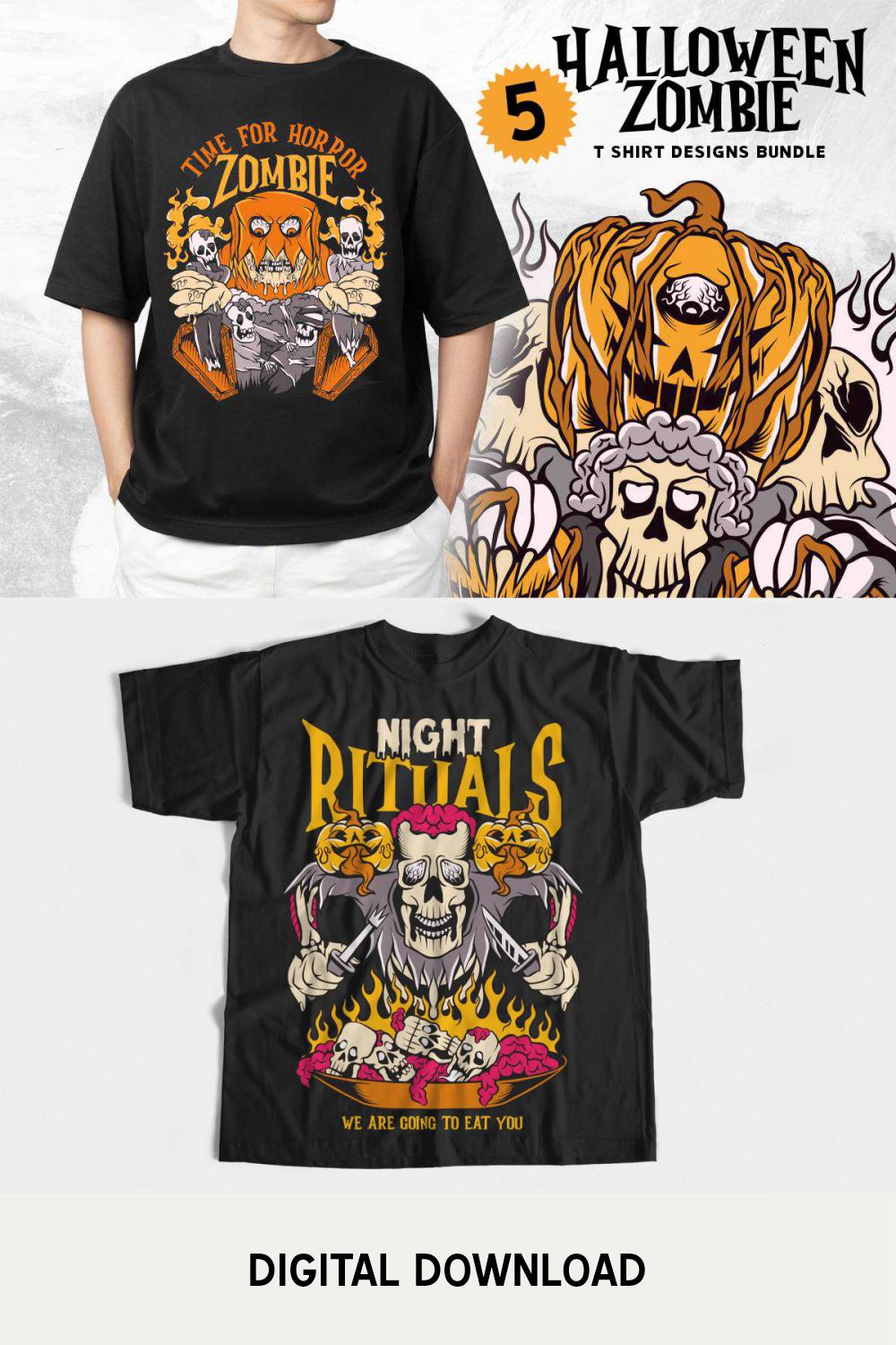 Halloween Zombie Vector T-shirt Designs Bundle pinterest preview image.