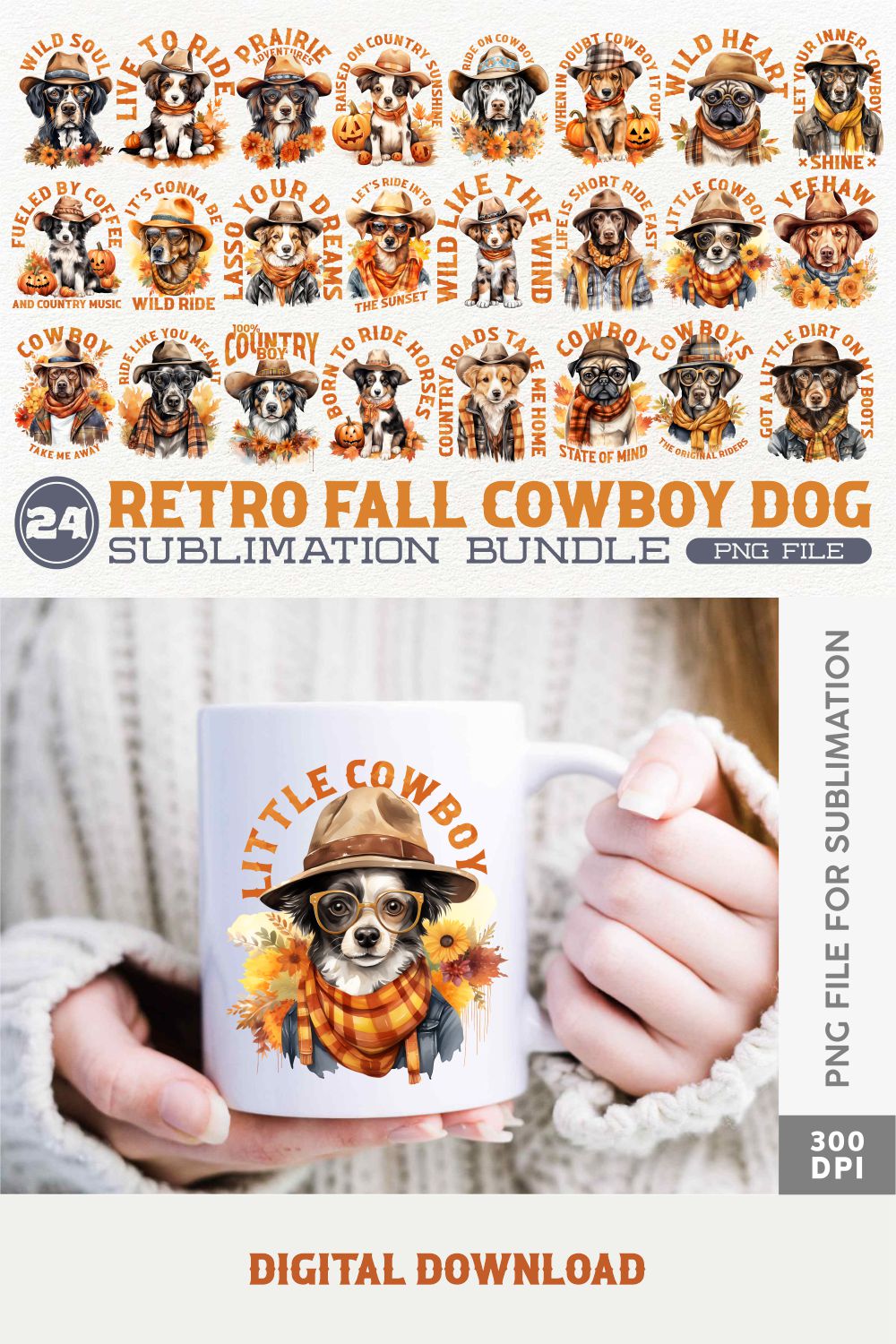 Retro Fall Cowboy Dog Sublimation Bundle, Western Clipart Collection, Autumn Designs Bundle pinterest preview image.