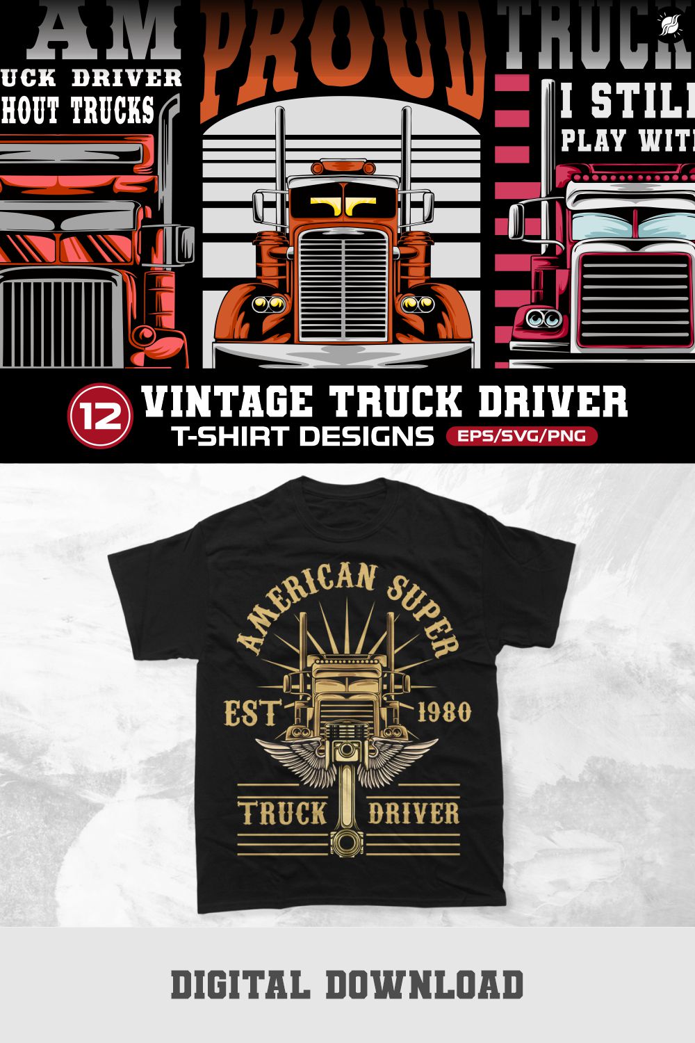 Vintage Truck Driver T-shirt Vector Designs Bundle, American Trucker Graphic T-shirt Collection pinterest preview image.