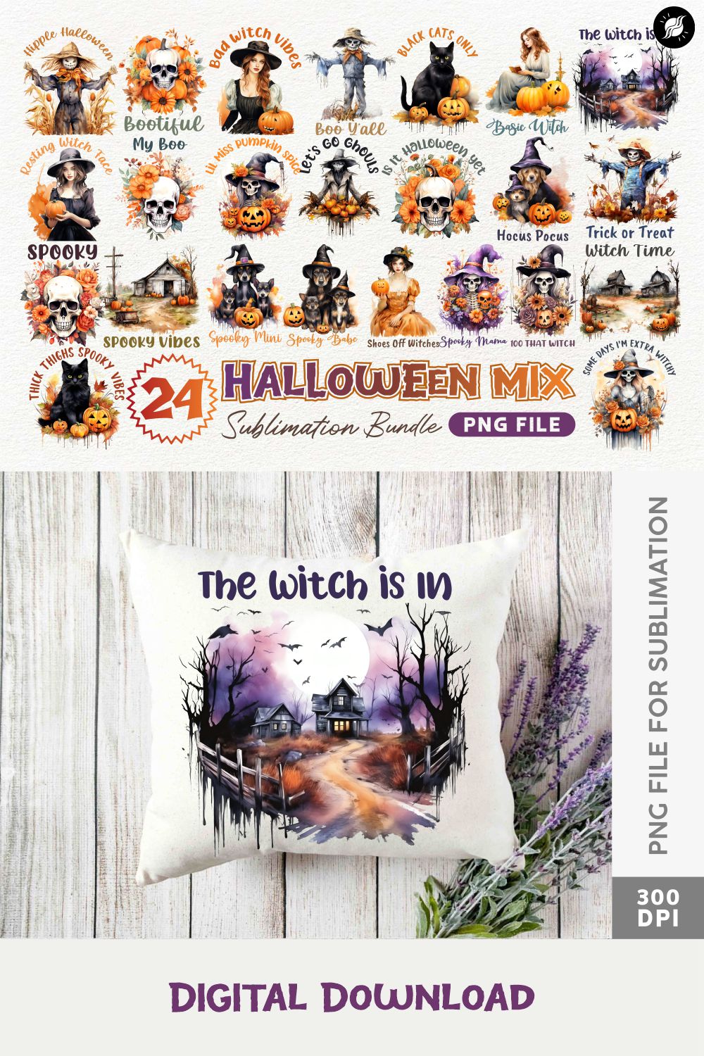 Halloween Sublimation Designs Bundle | Fall Halloween PNG Watercolor Collection pinterest preview image.