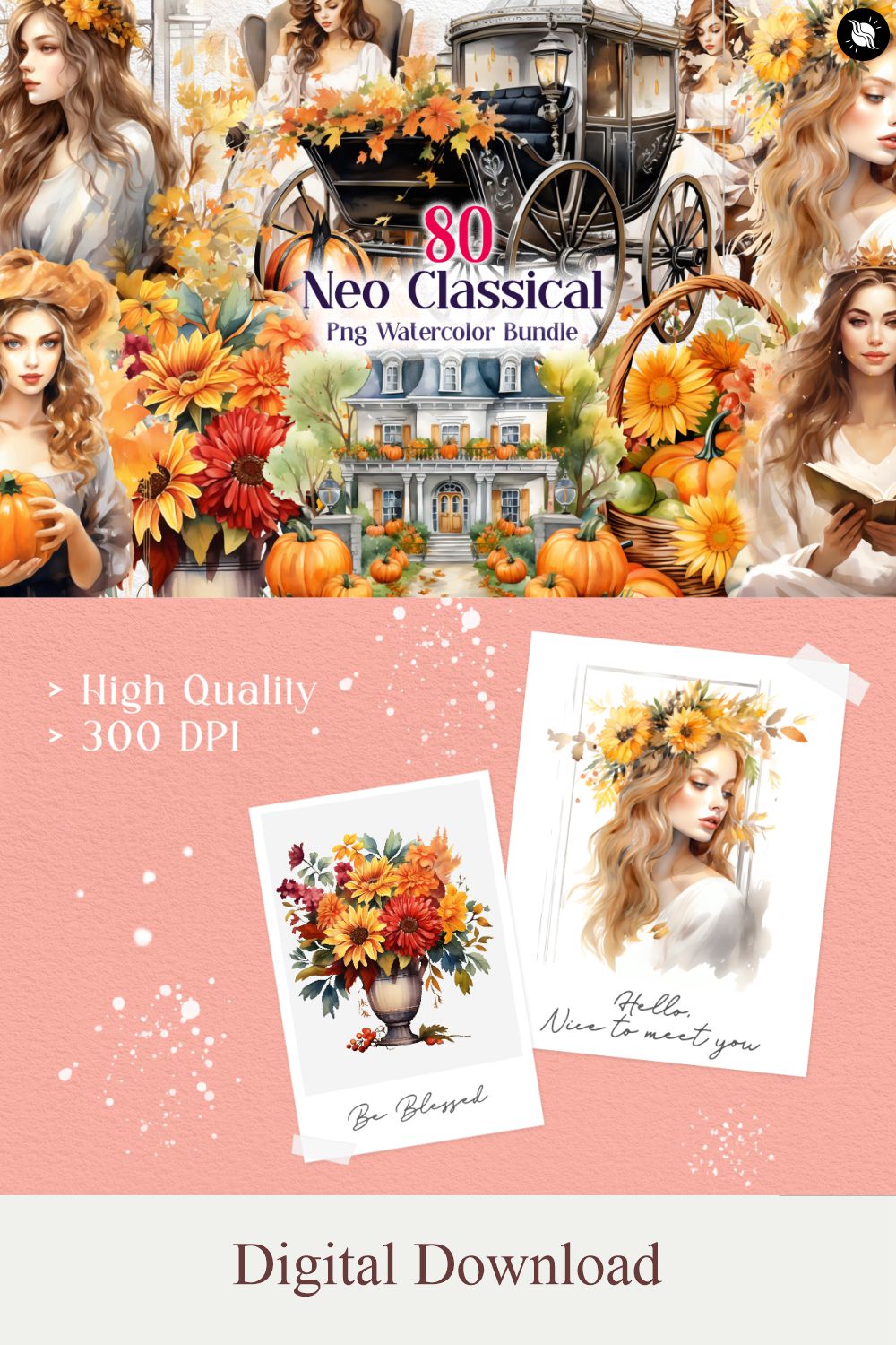 Fall of Neo Classical Watercolor Illustration Clipart Bundle pinterest preview image.