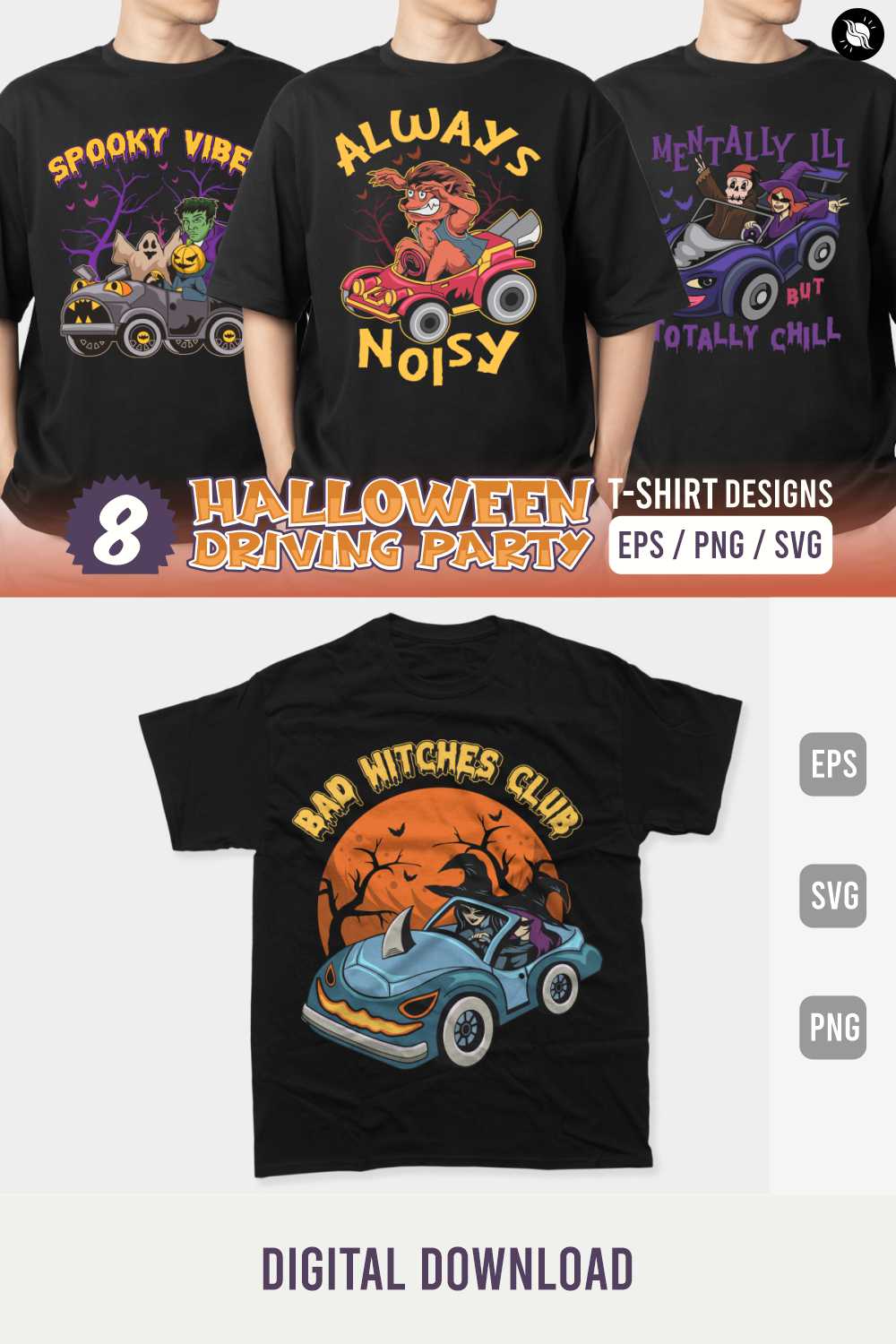 Horror Driving Party Halloween Vector T-shirt Designs Bundle pinterest preview image.