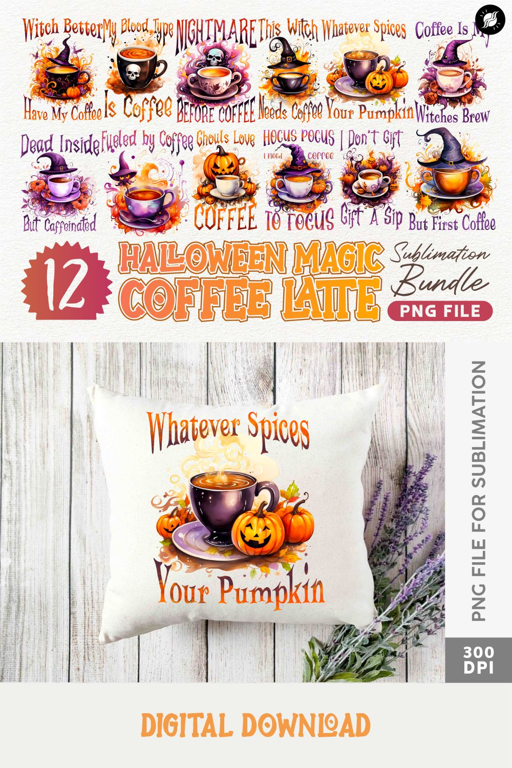 Halloween Magic Coffee Latte Sublimation Designs PNG Bundle pinterest preview image.