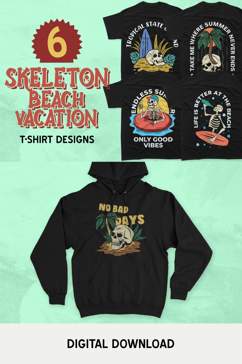 Skeleton Summer Beach Vacation Vector T-shirt Designs Bundle, Skull T-shirt Designs Bundle pinterest preview image.