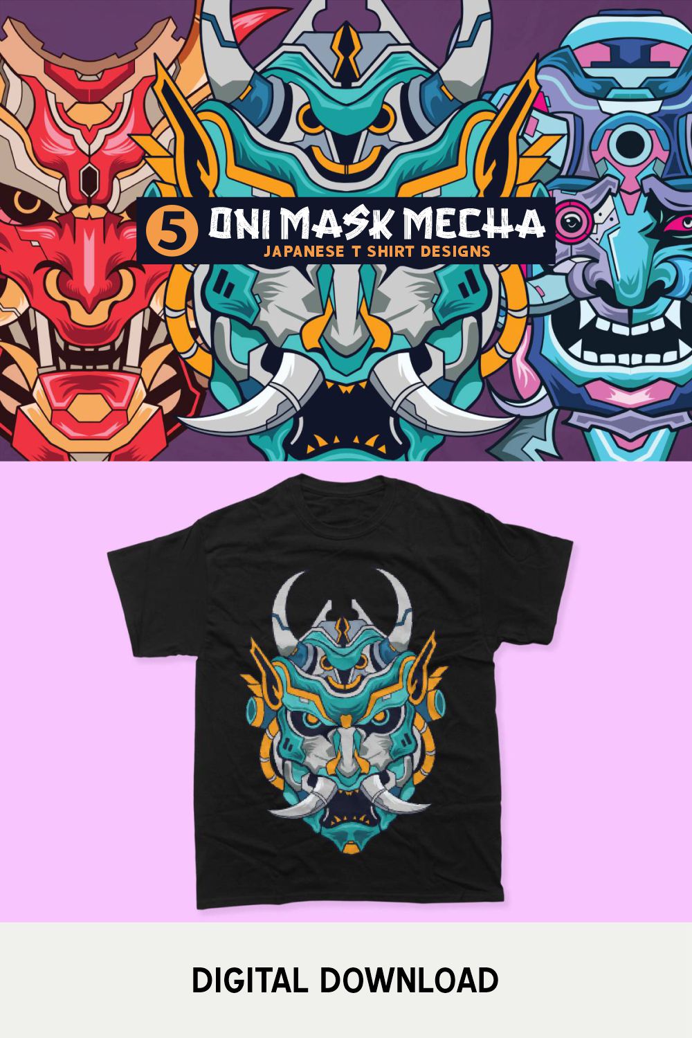 Oni Mask Mecha Japan Culture Vector T-shirt Designs Bundle, Hannya Mask Robot Artwork Illustration pinterest preview image.