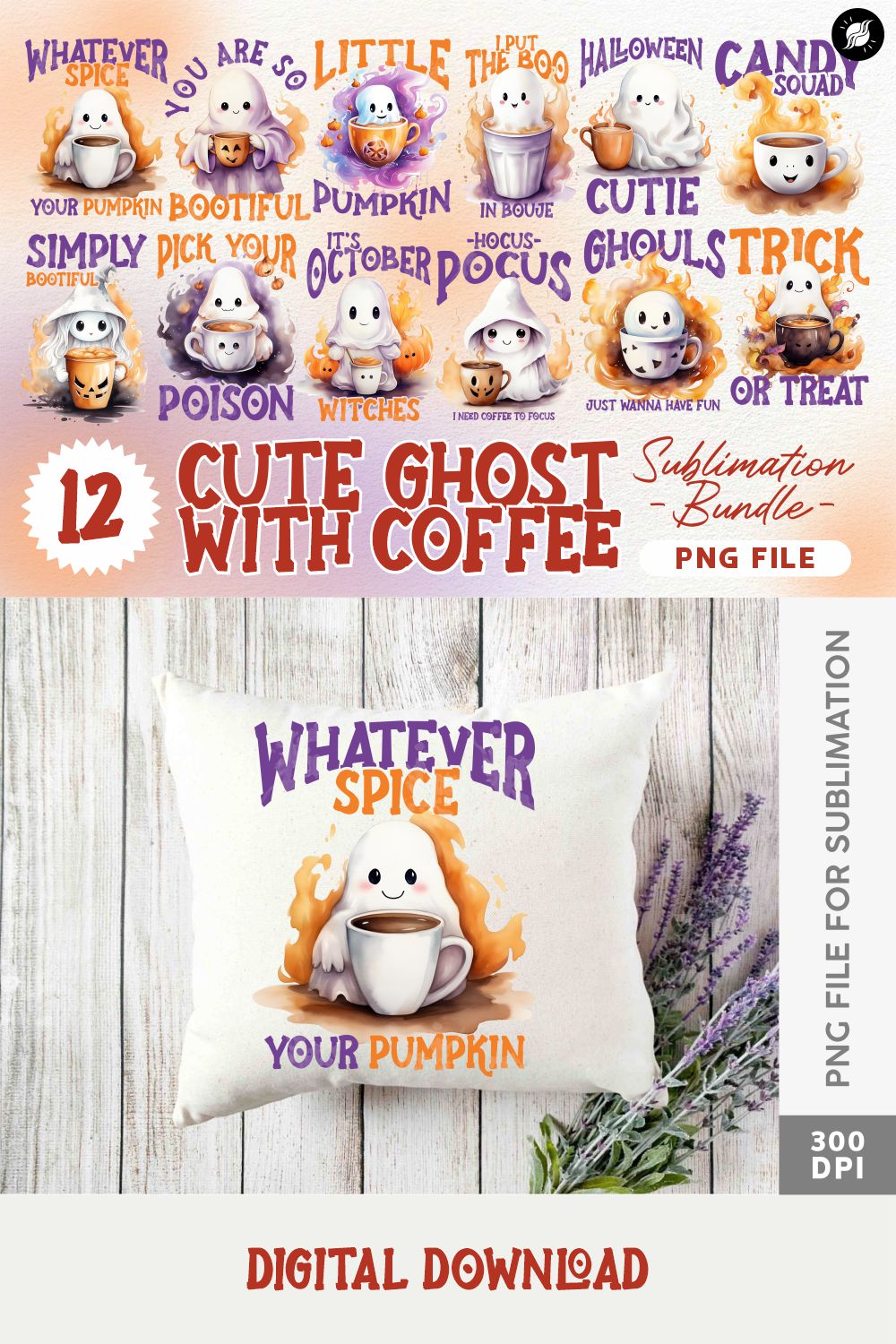 Cute Ghost with Coffee Halloween Designs Sublimation Bundle pinterest preview image.