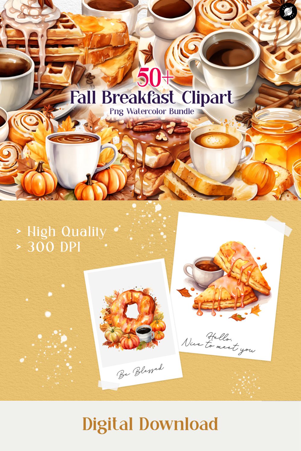 Fall Breakfast Clipart PNG Bundle, Food and Drink Watercolor Collection pinterest preview image.