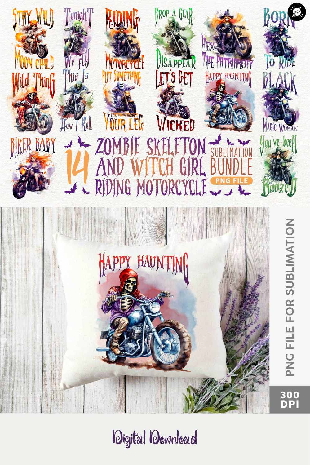 Zombie Skeleton and Witch Girl Riding Motorcycle Sublimation pinterest preview image.