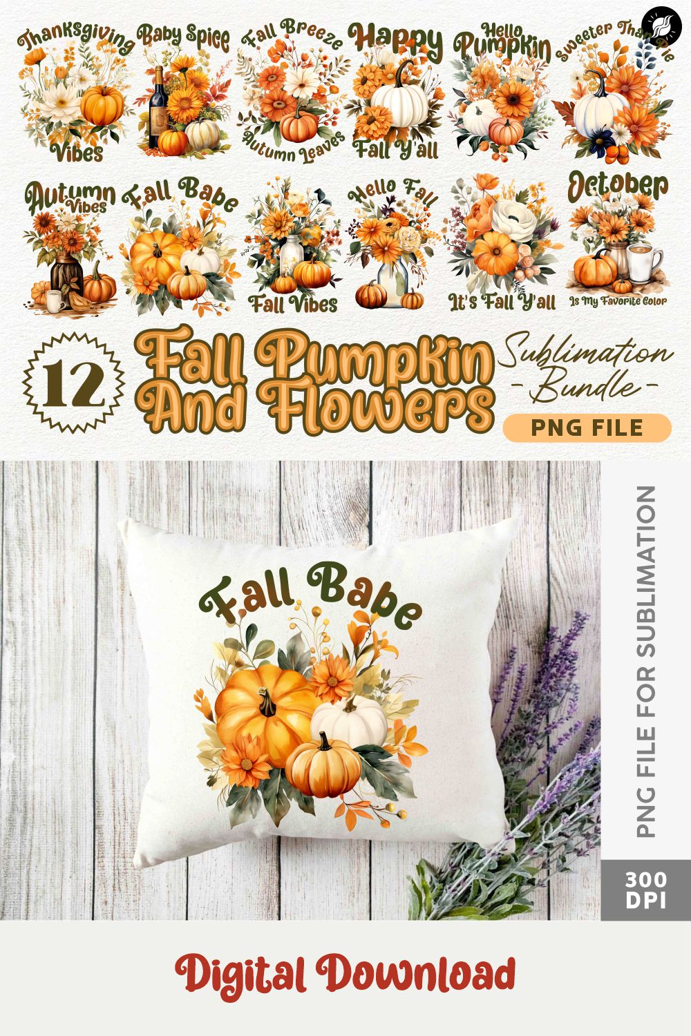 Fall Pumpkin Flowers Floral Sublimation Designs PNG Bundle pinterest preview image.