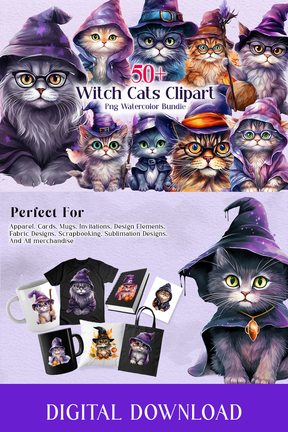 Witch Cats Clipart PNG Watercolor Bundle, Halloween Cat Illustrations Collection pinterest preview image.