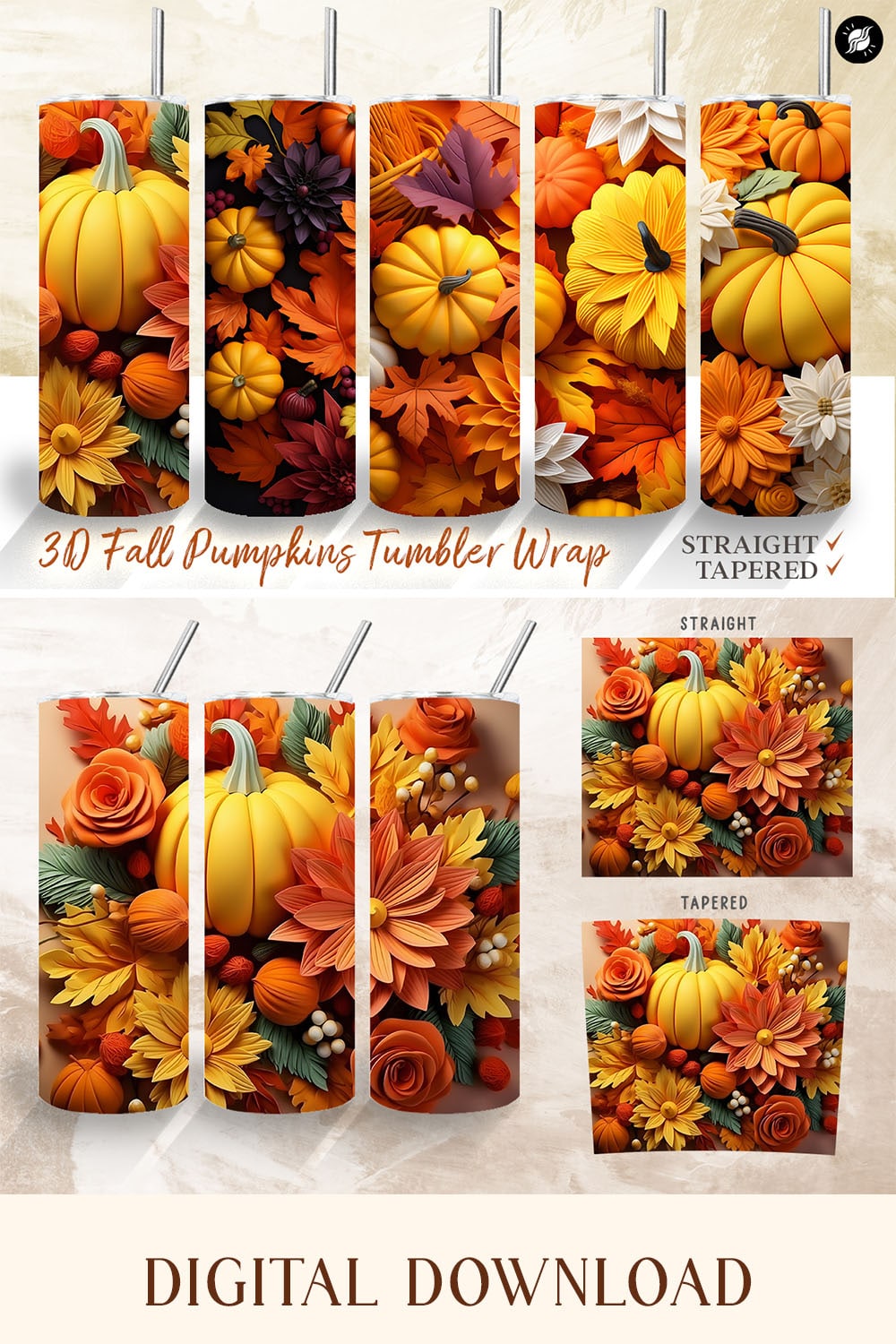 3d Fall Pumpkins Tumbler Wrap Collection, 3D Autumn 20oz Skinny Tumbler for Sublimation pinterest preview image.