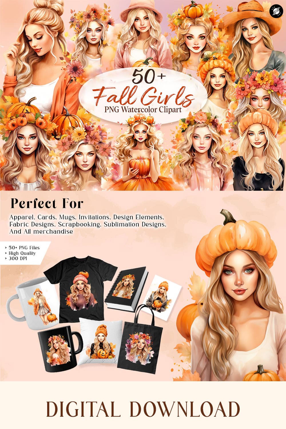 Fall Girls PNG Watercolor Clipart, Autumn Fall Girl Illustrations Sublimation pinterest preview image.
