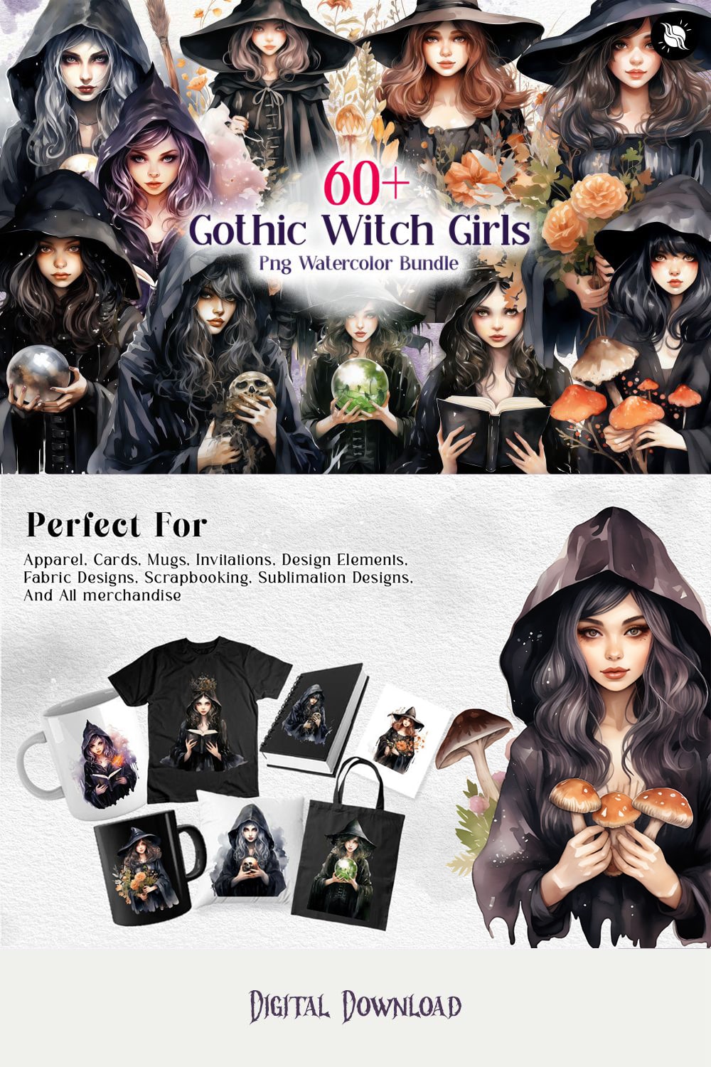 Halloween Gothic Witch Girls PNG Watercolor Clipart Bundle, Mystic Magical Girls Sublimation Designs pinterest preview image.