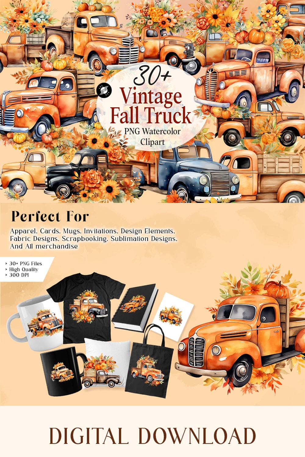 Vintage Fall Truck PNG Watercolor Sublimation Clipart Bundle pinterest preview image.