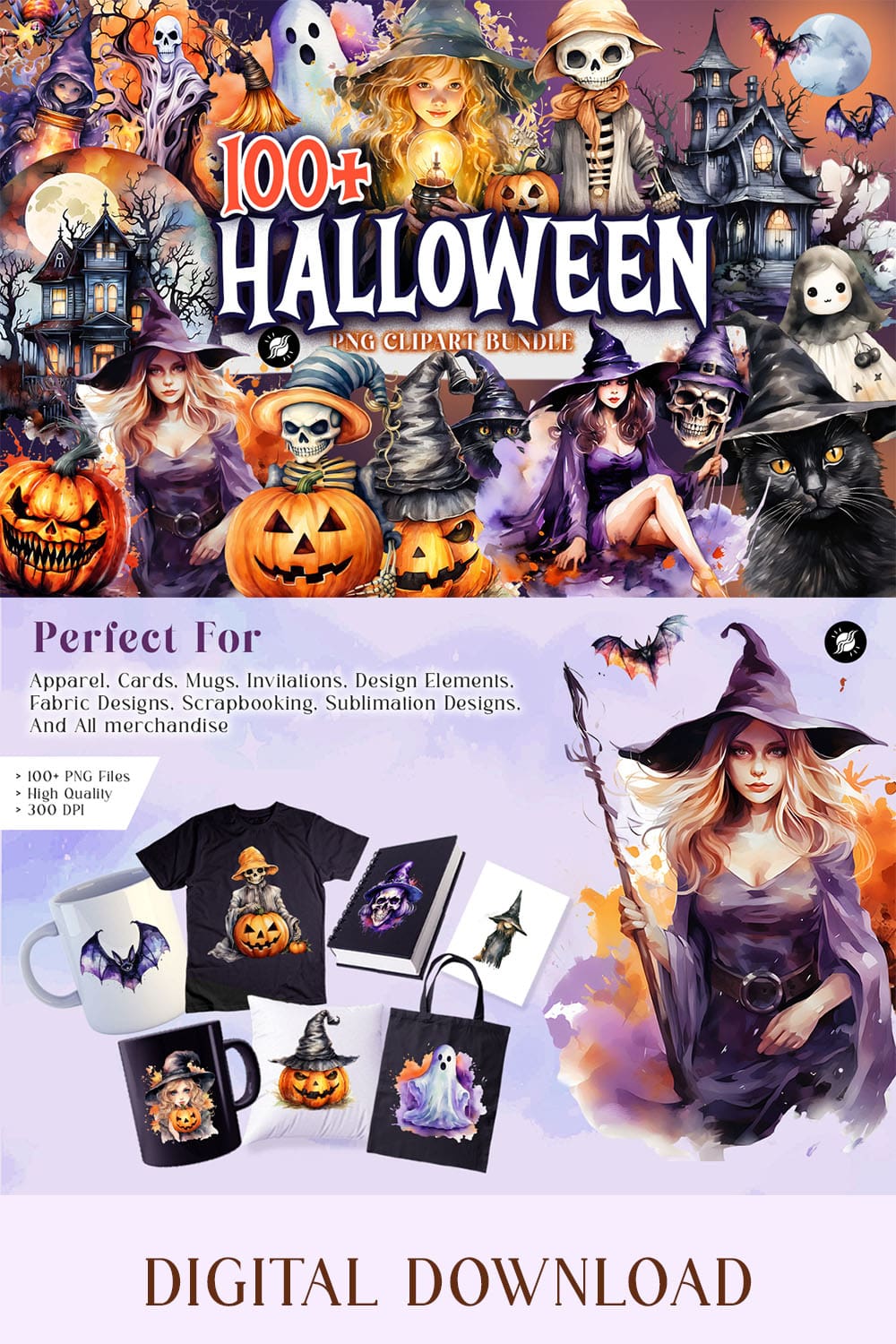 Halloween Illustration Watercolor Clipart PNG Mega Bundle pinterest preview image.