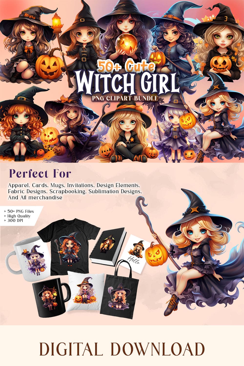 Cute Witch Girl Watercolor PNG Clipart Bundle | Halloween Girl Illustrations pinterest preview image.