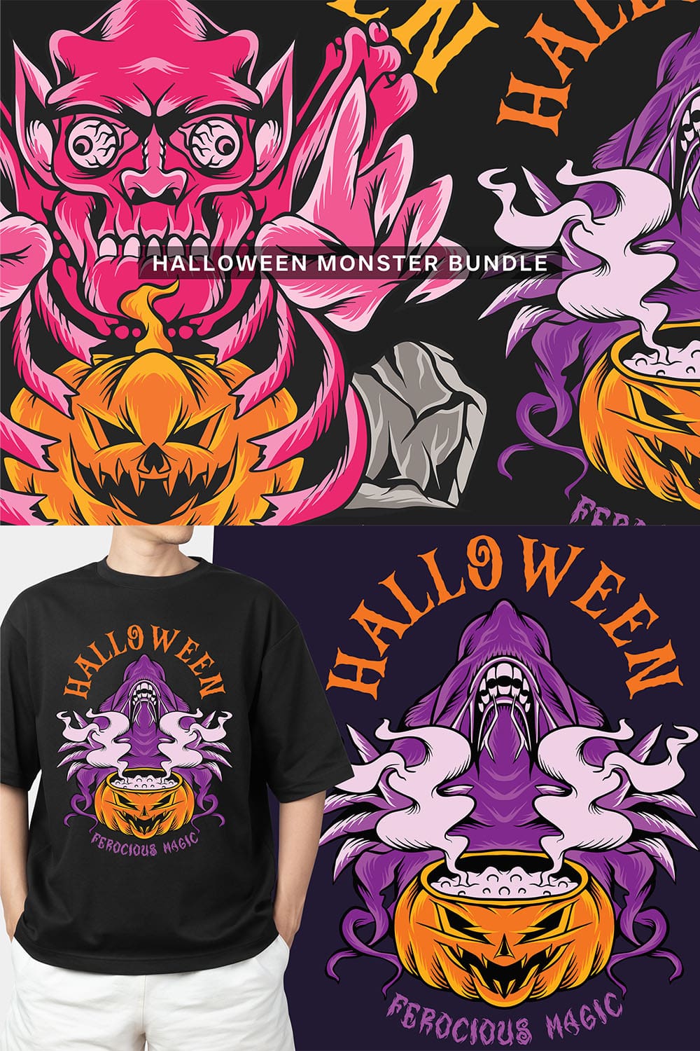 Halloween Monster T-shirt Designs Vector Bundle, Spooky Halloween Zombie Creatures Illustration Sublimation Collection pinterest preview image.