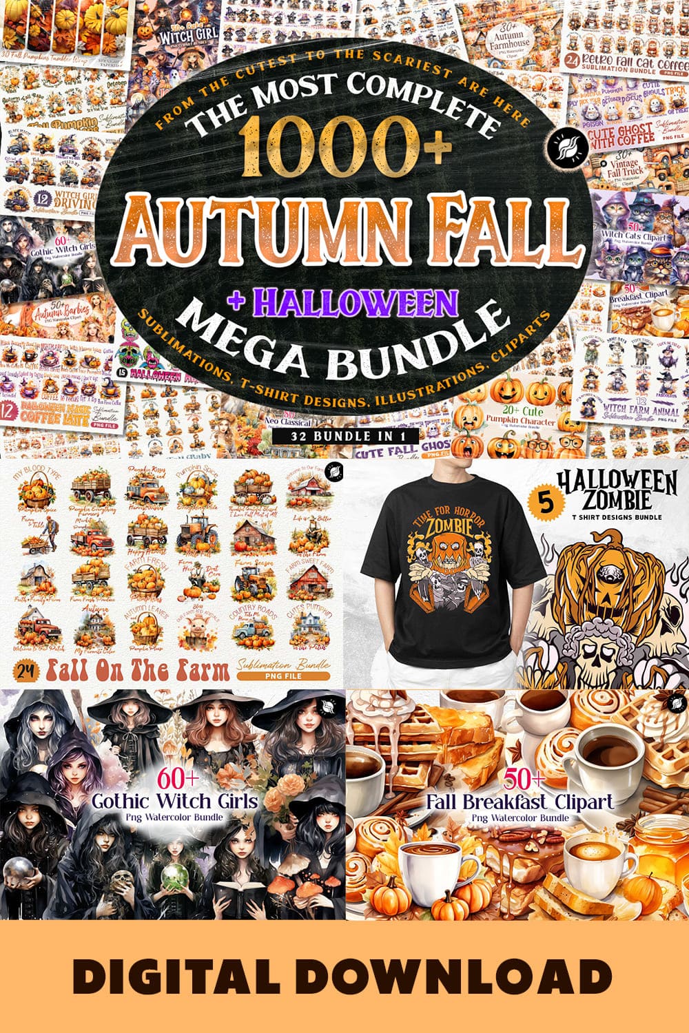 Autumn Fall Halloween Sublimation Designs Bundle pinterest preview image.
