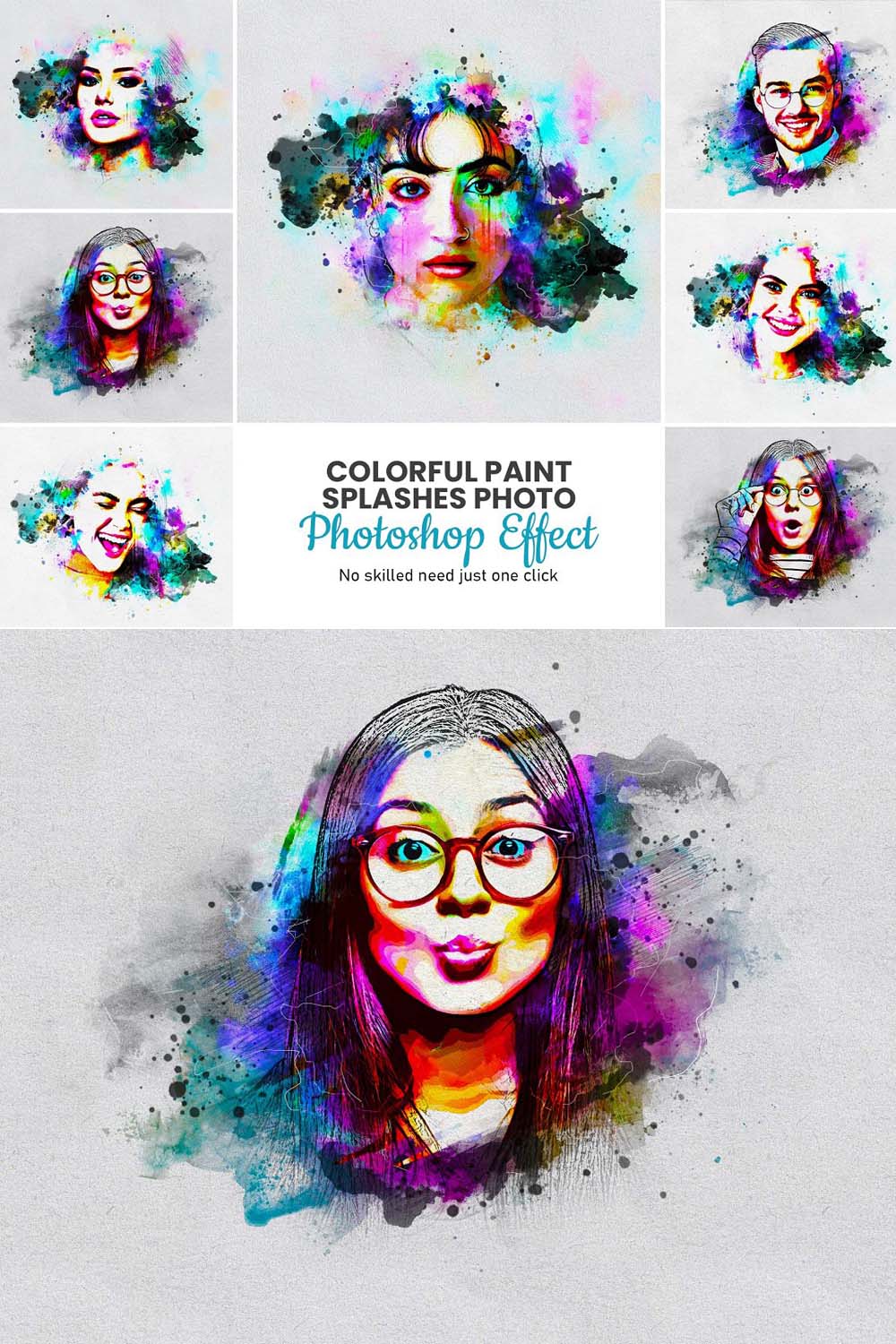 Colorful Paint splashes photo effect pinterest preview image.