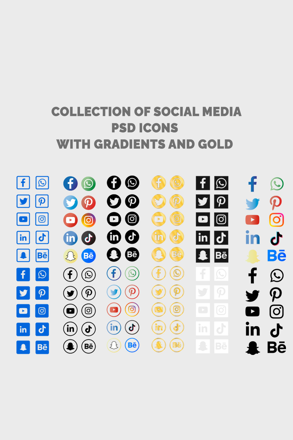 Collection of social media psd icons with gradients and gold pinterest preview image.