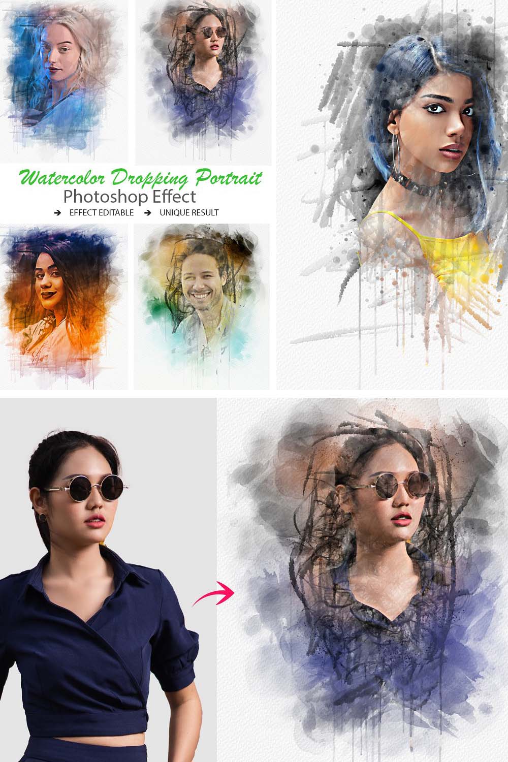 Watercolor Dropping Portrait Effect pinterest preview image.