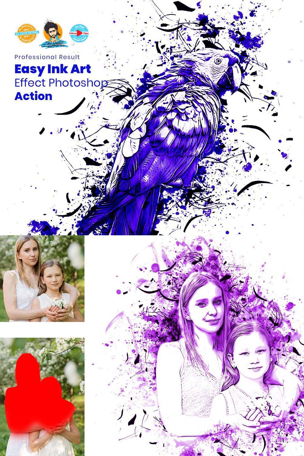 Easy Ink Art Photoshop Action pinterest preview image.