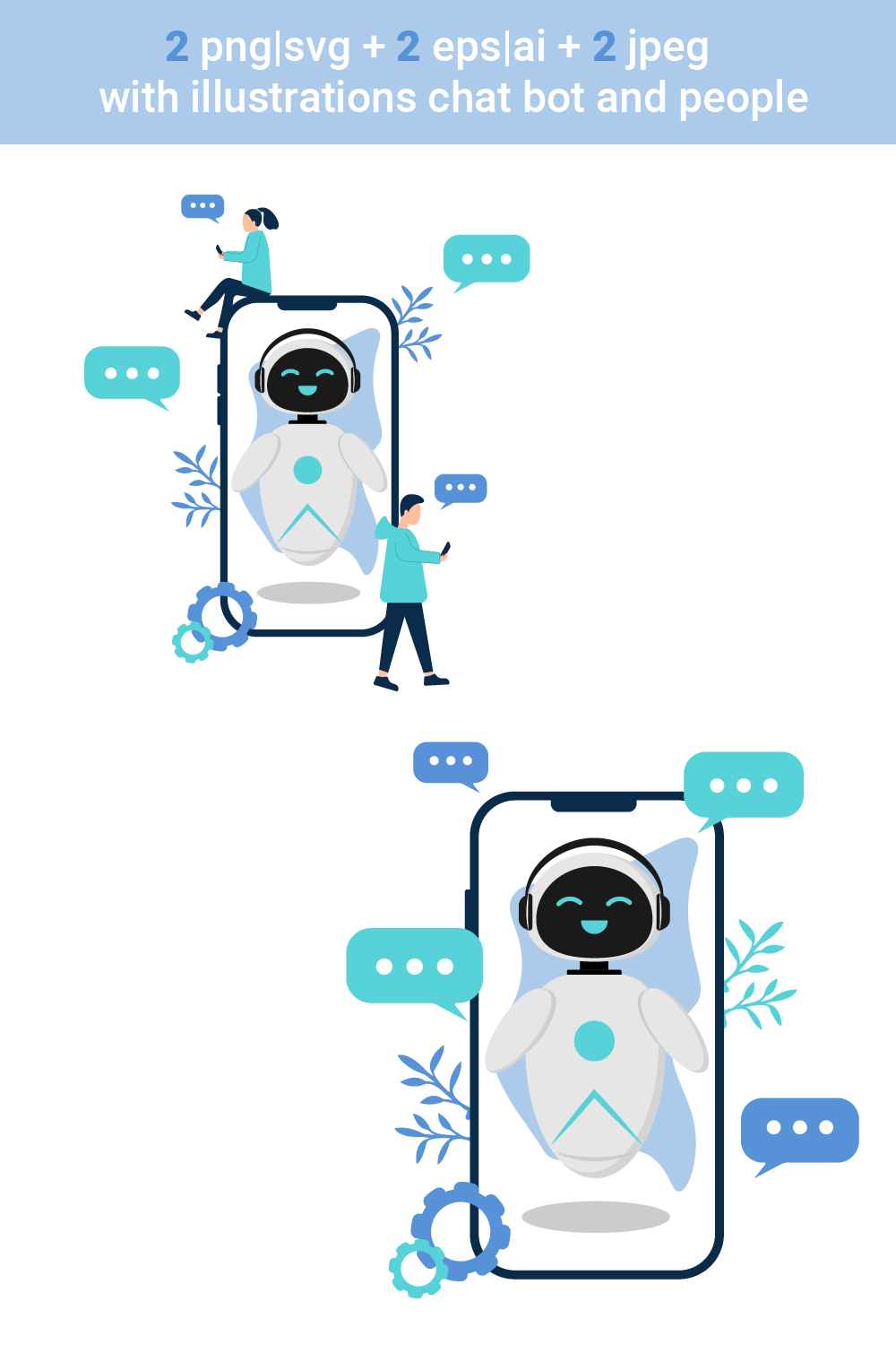 2 vector illustration with chat bot, phone and people pinterest preview image.