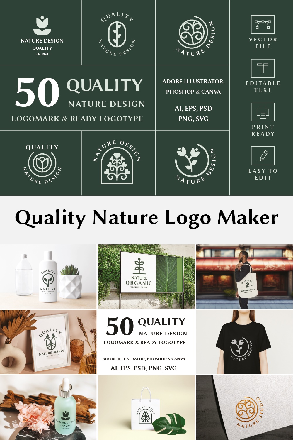 Quality Nature Elegant Branding Logo Maker Kit pinterest preview image.