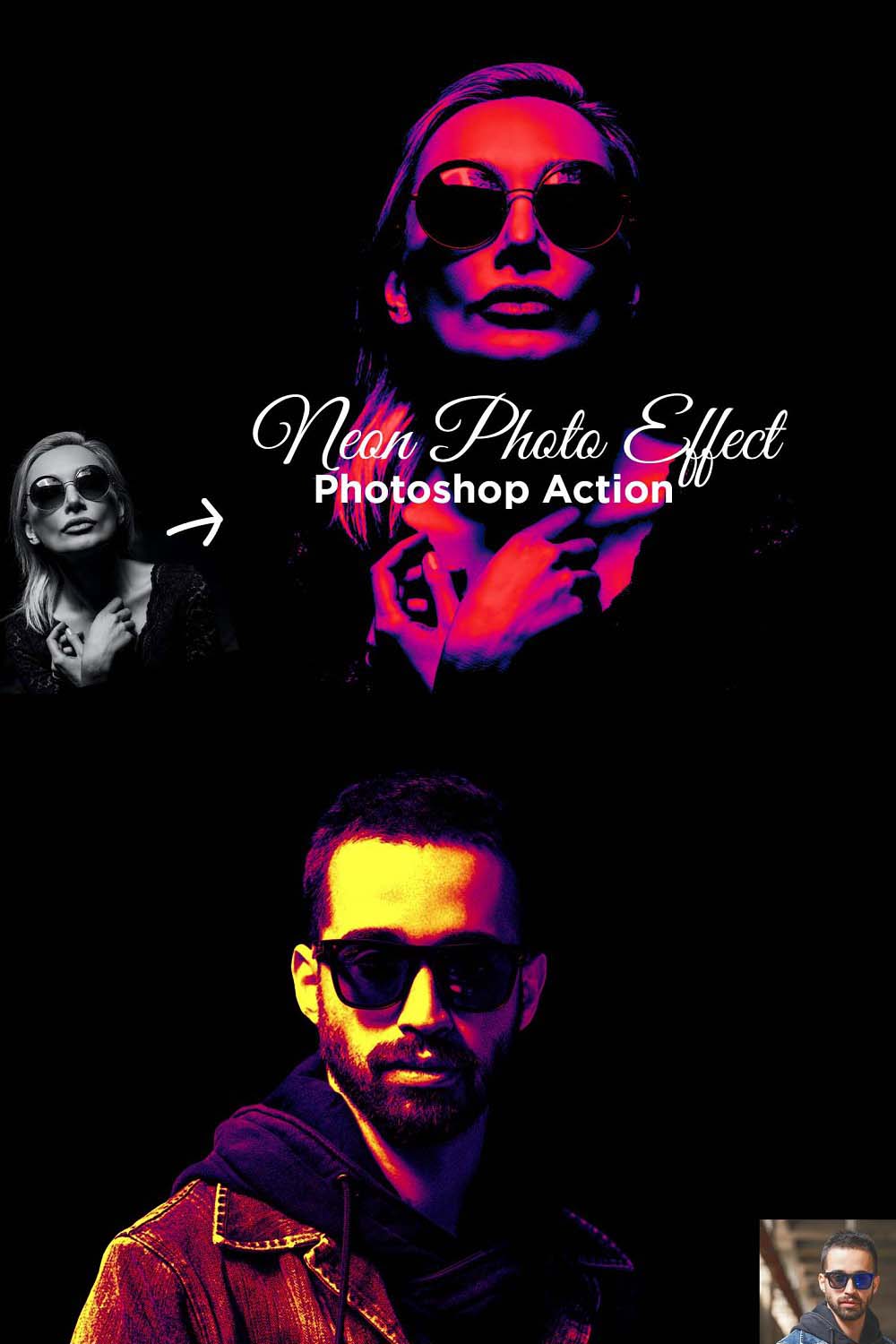 Neon Photo Effect Photoshop Action pinterest preview image.