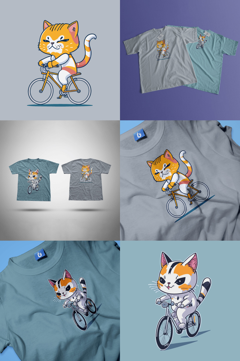 Cartoon Cat Riding a Bicycle T Shirt Design Bundle pinterest preview image.
