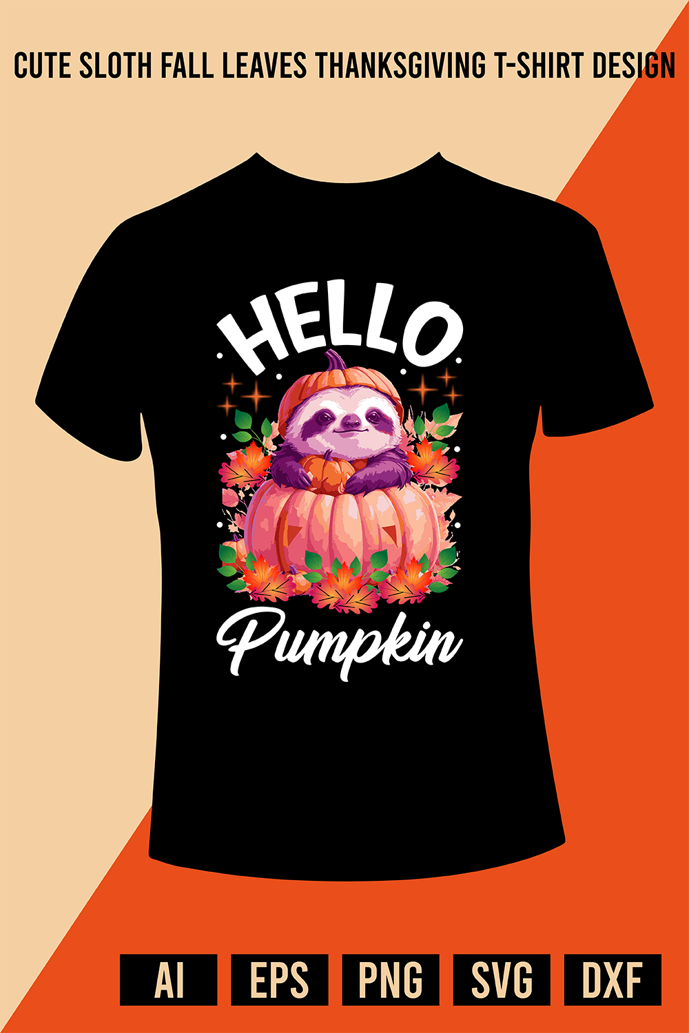 Cute Sloth Fall Leaves Thanksgiving T-Shirt Design pinterest preview image.