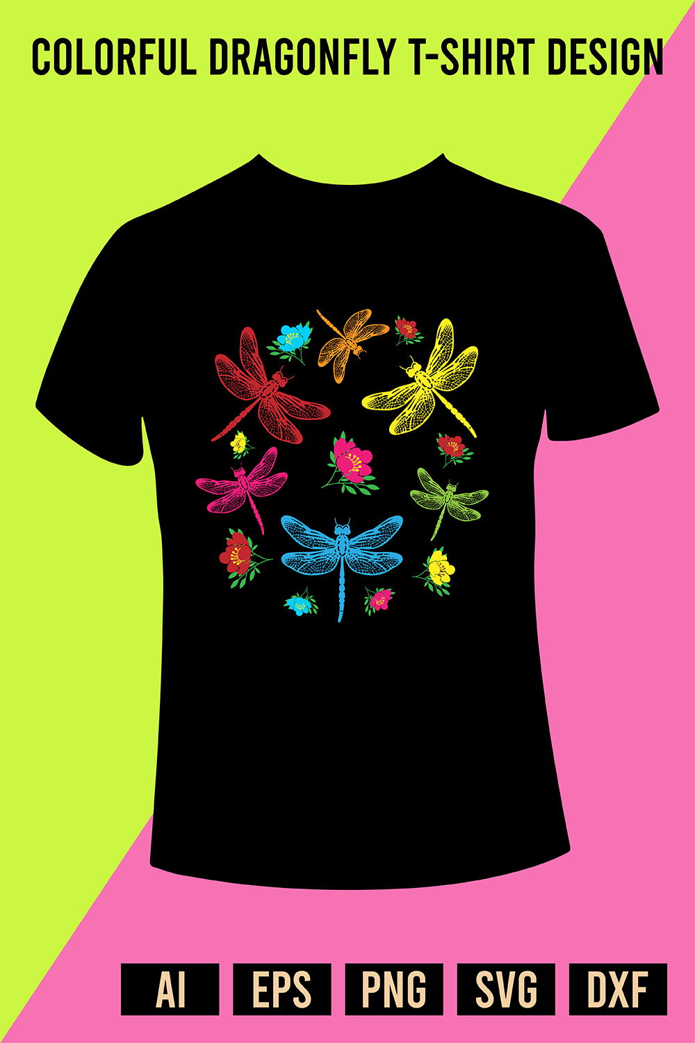 Colorful Dragonfly T-Shirt Design pinterest preview image.