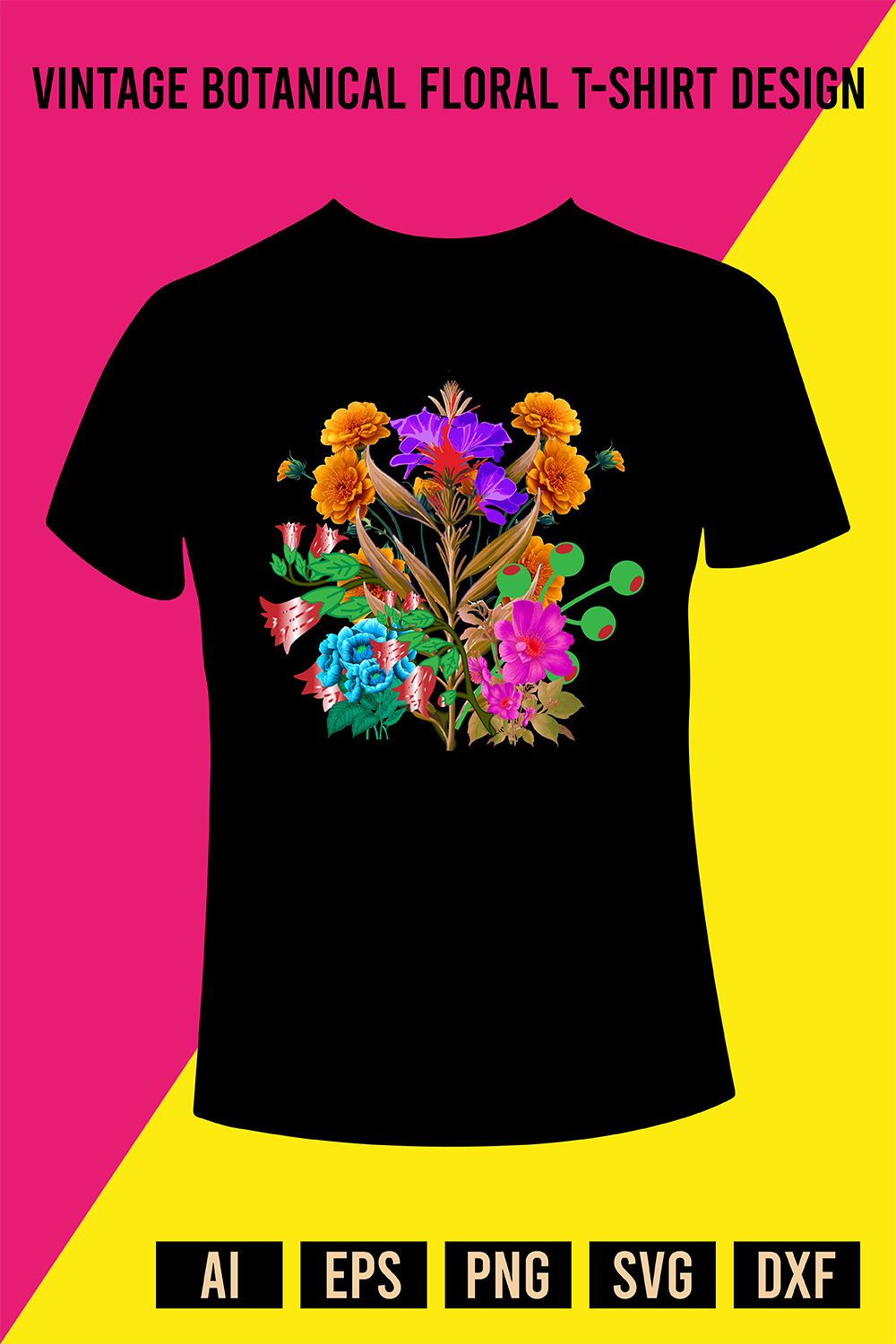 Vintage Botanical Floral T-Shirt Design pinterest preview image.