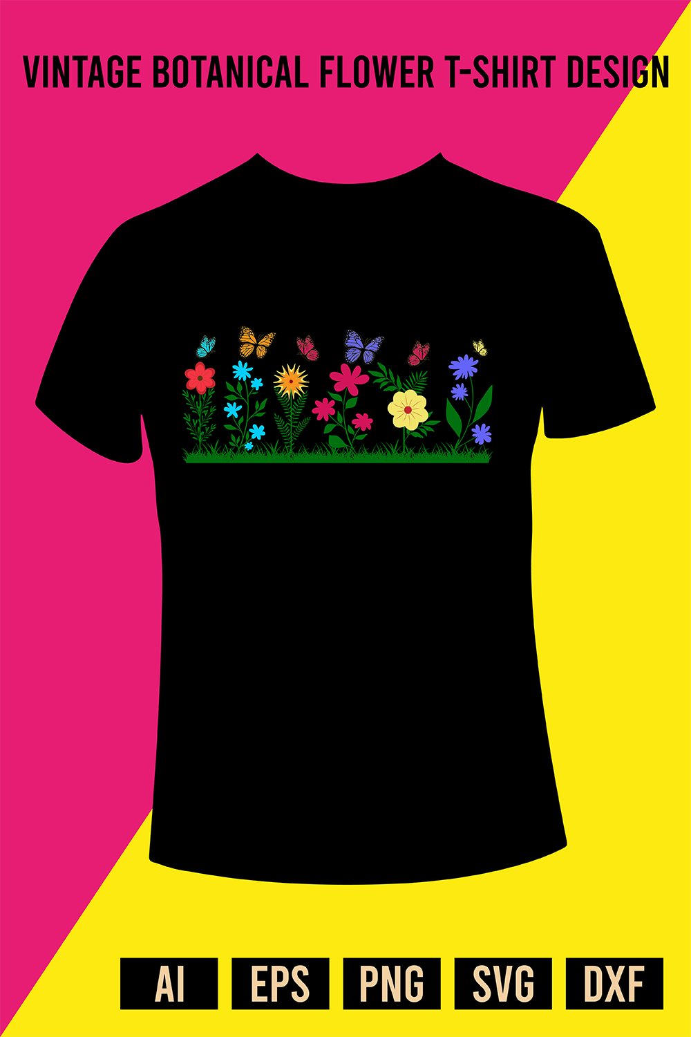 Vintage Botanical Flower T-Shirt Design pinterest preview image.