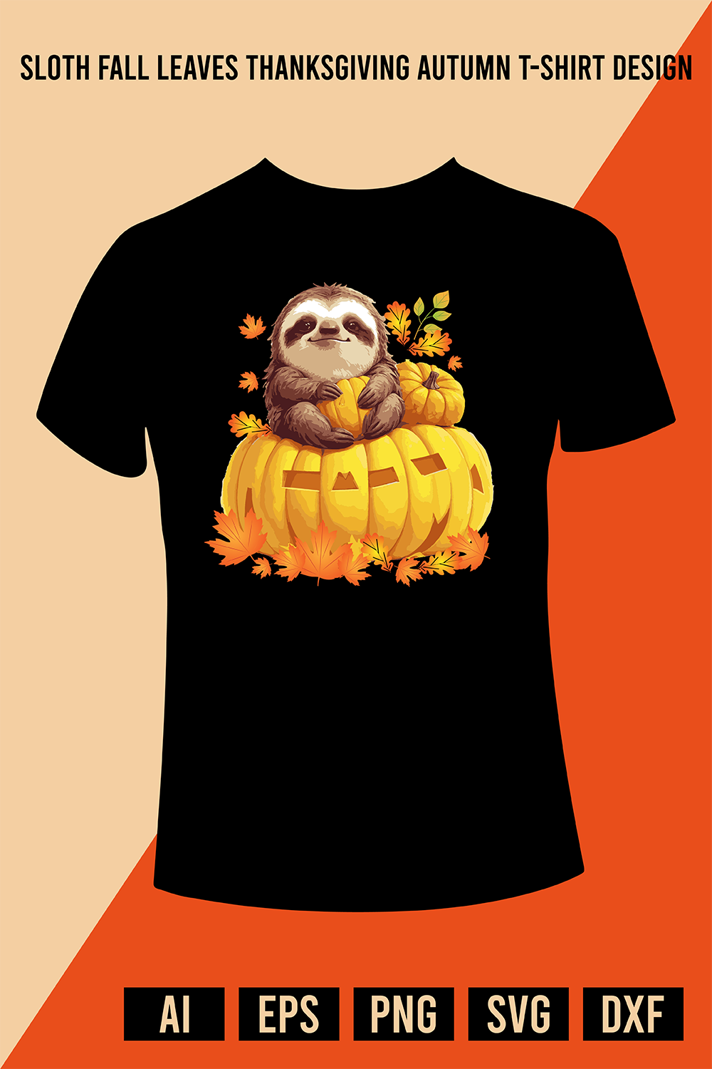 Sloth Fall Leaves Thanksgiving Autumn T-Shirt Design pinterest preview image.