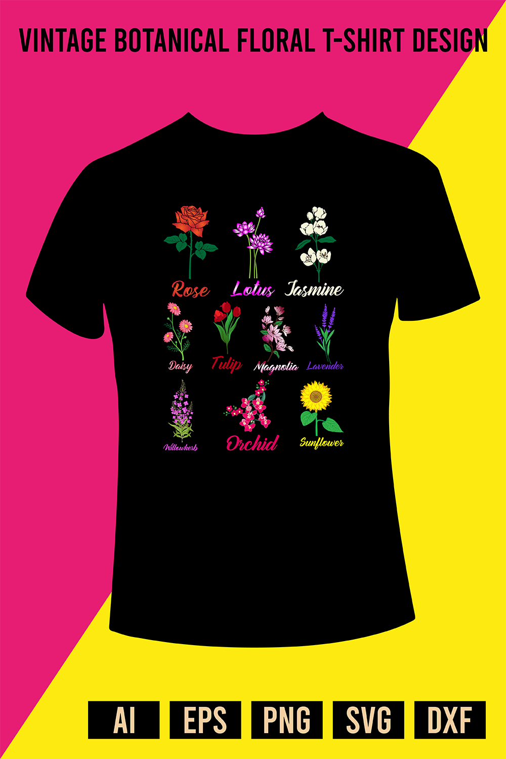 Vintage Botanical Floral Flower T-Shirt Design pinterest preview image.