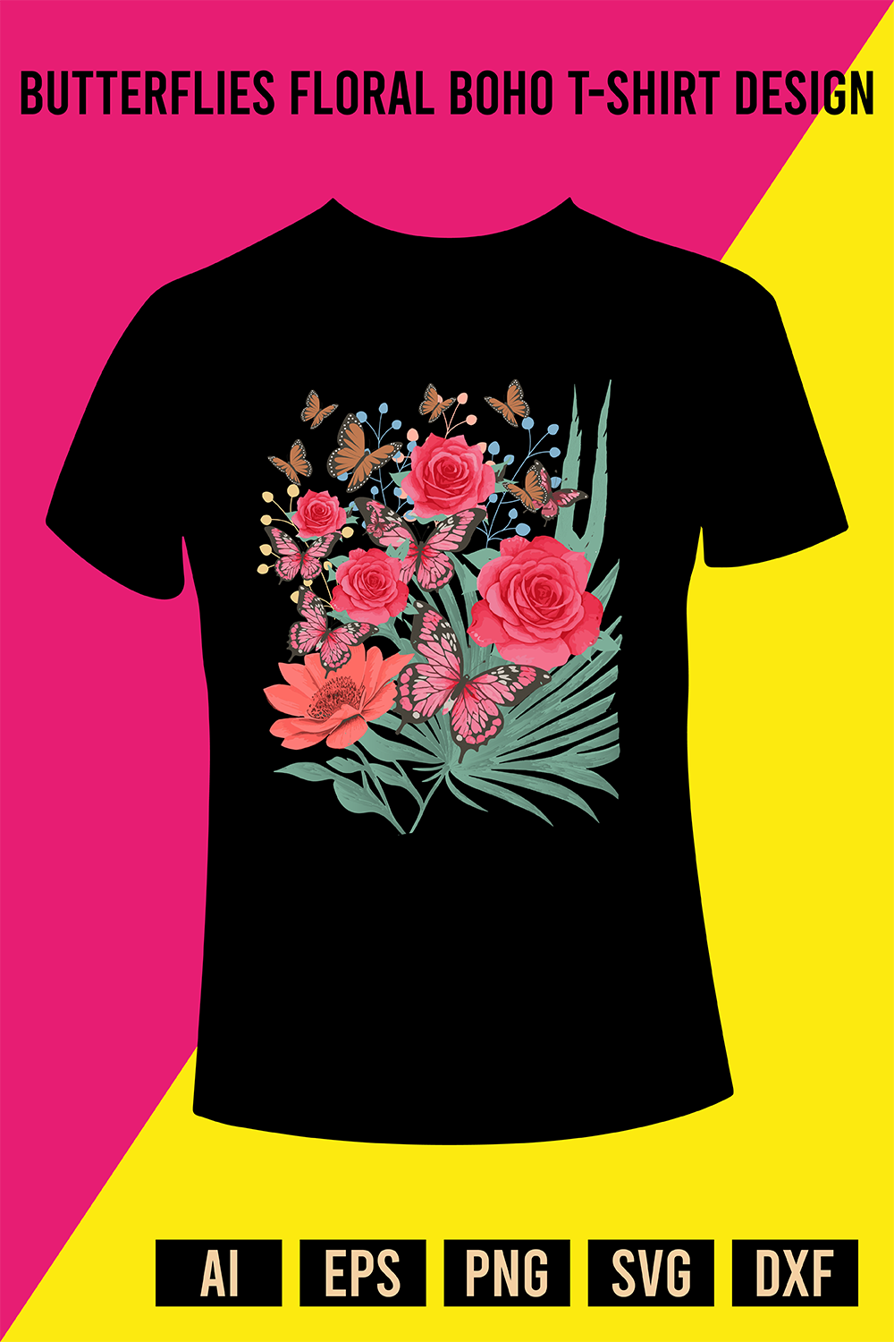 Butterflies Floral Boho T-Shirt Design pinterest preview image.