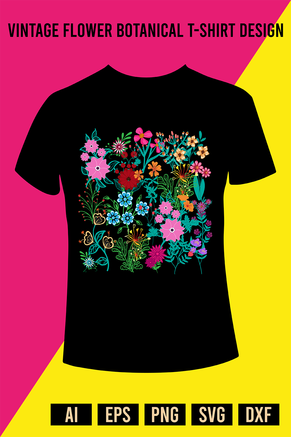 Vintage Flower Botanical T-Shirt Design pinterest preview image.