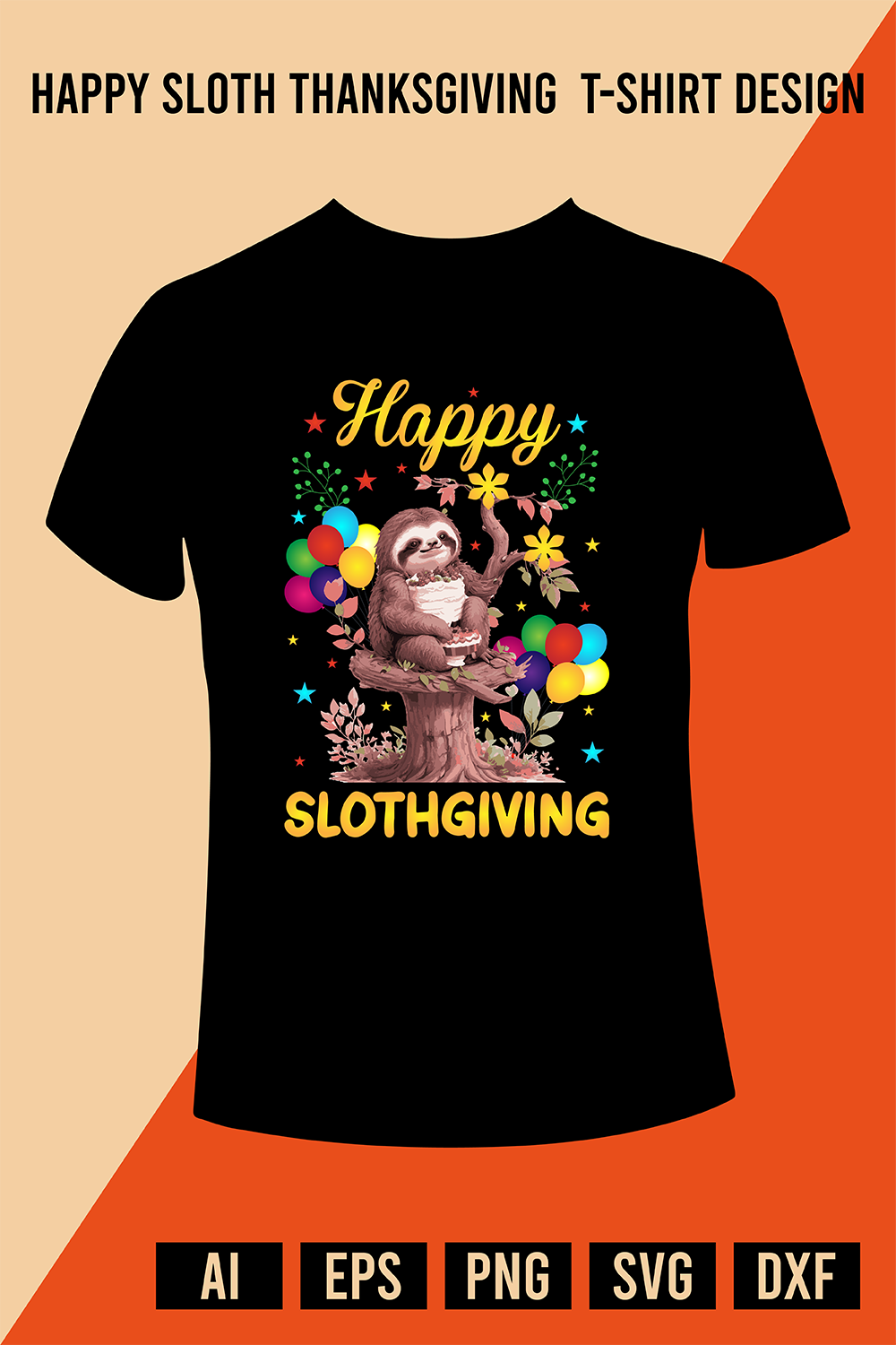 Happy Sloth Thanksgiving T-Shirt Design pinterest preview image.