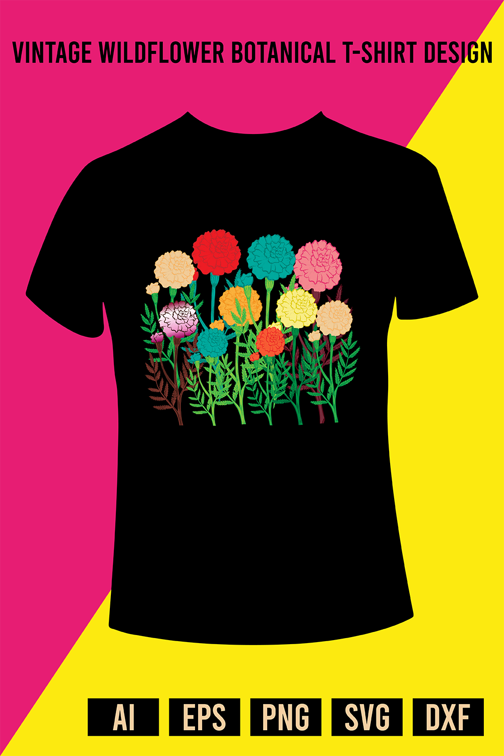 Vintage Wildflower Botanical T-Shirt Design pinterest preview image.