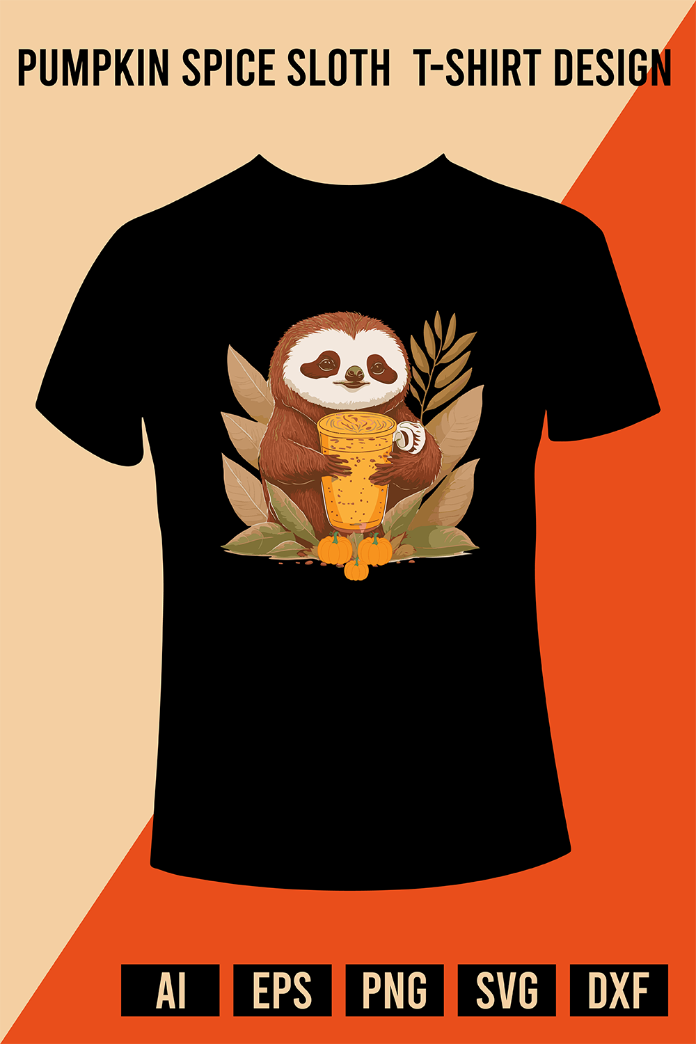 Pumpkin Spice Sloth T-Shirt Design pinterest preview image.