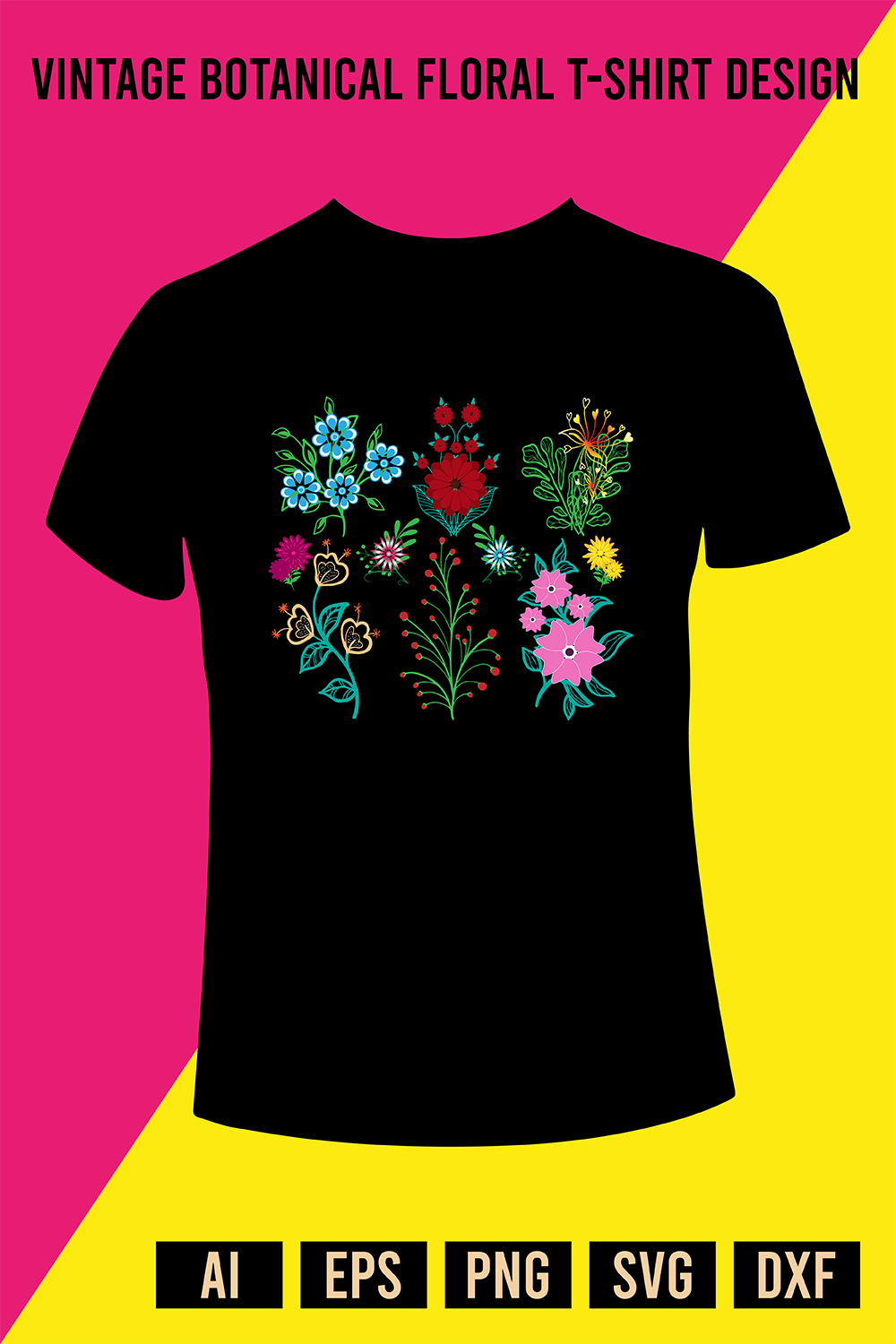 Vintage Botanical Floral T-Shirt Design pinterest preview image.