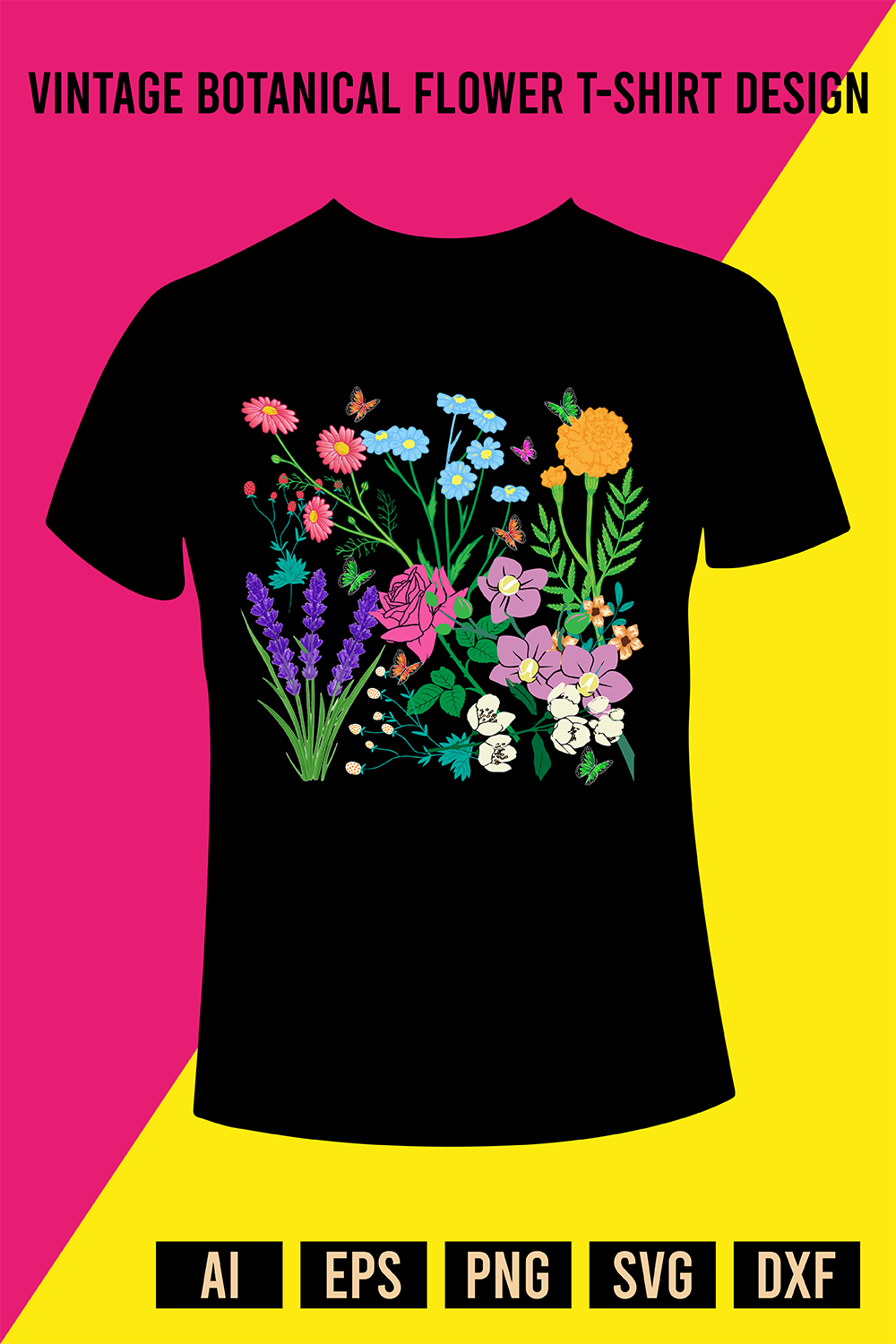 Vintage Botanical Flower T-Shirt Design pinterest preview image.