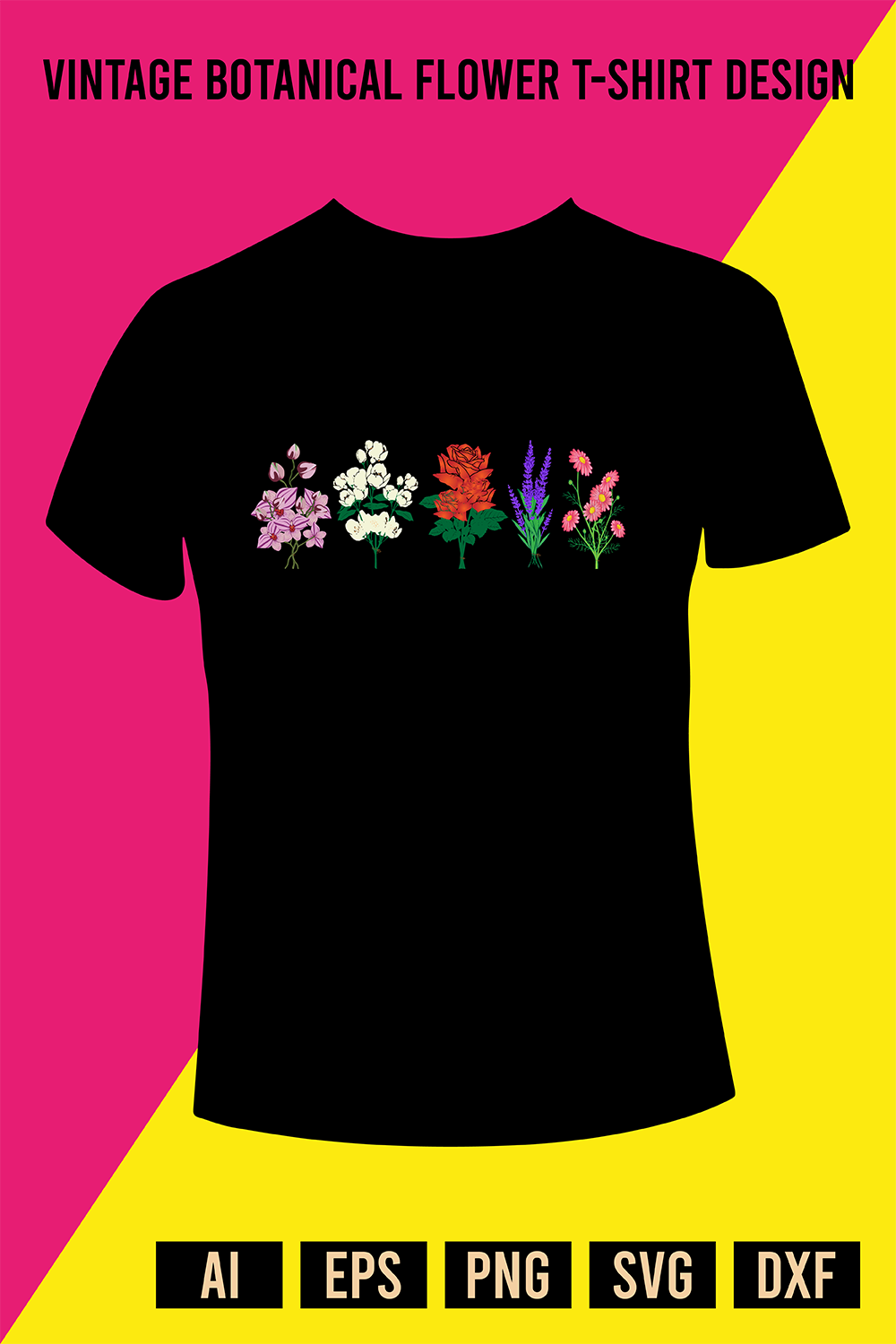 Vintage Botanical Flower T-Shirt Design pinterest preview image.