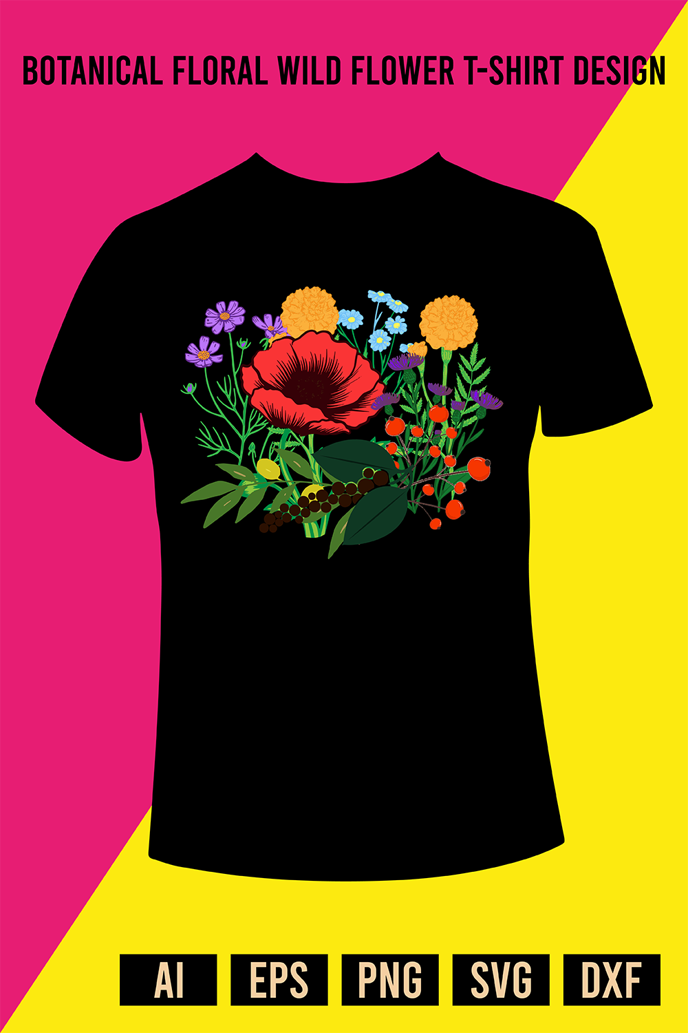 Botanical Floral Wild Flower T-Shirt Design pinterest preview image.