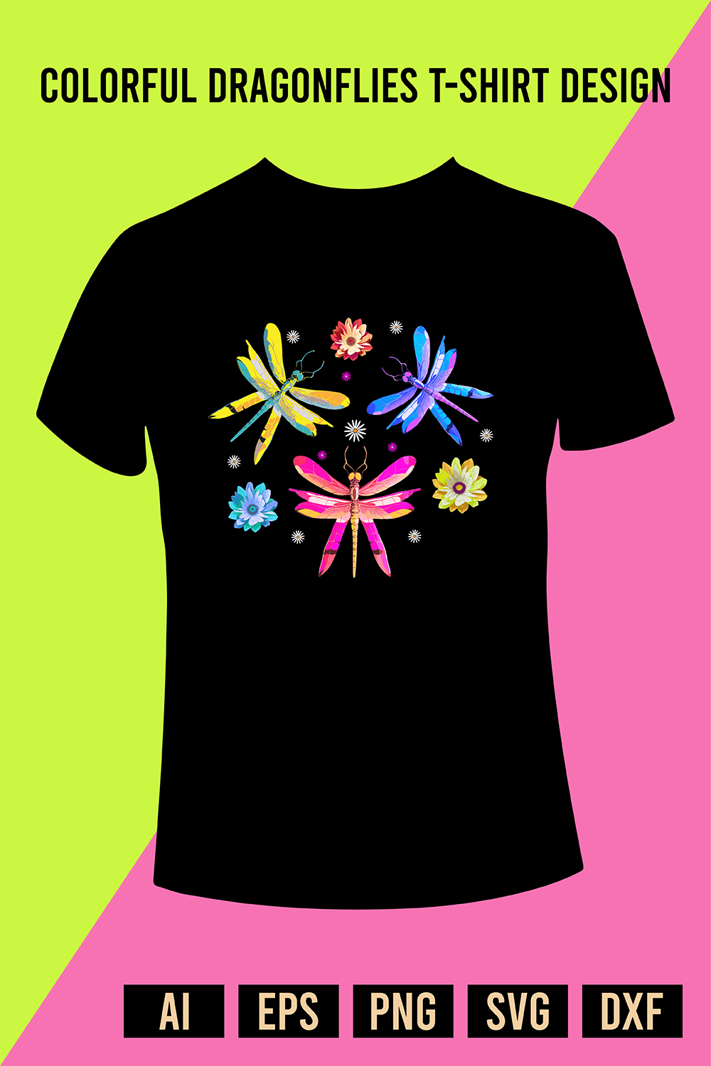 Colorful Dragonflies T-Shirt Design pinterest preview image.