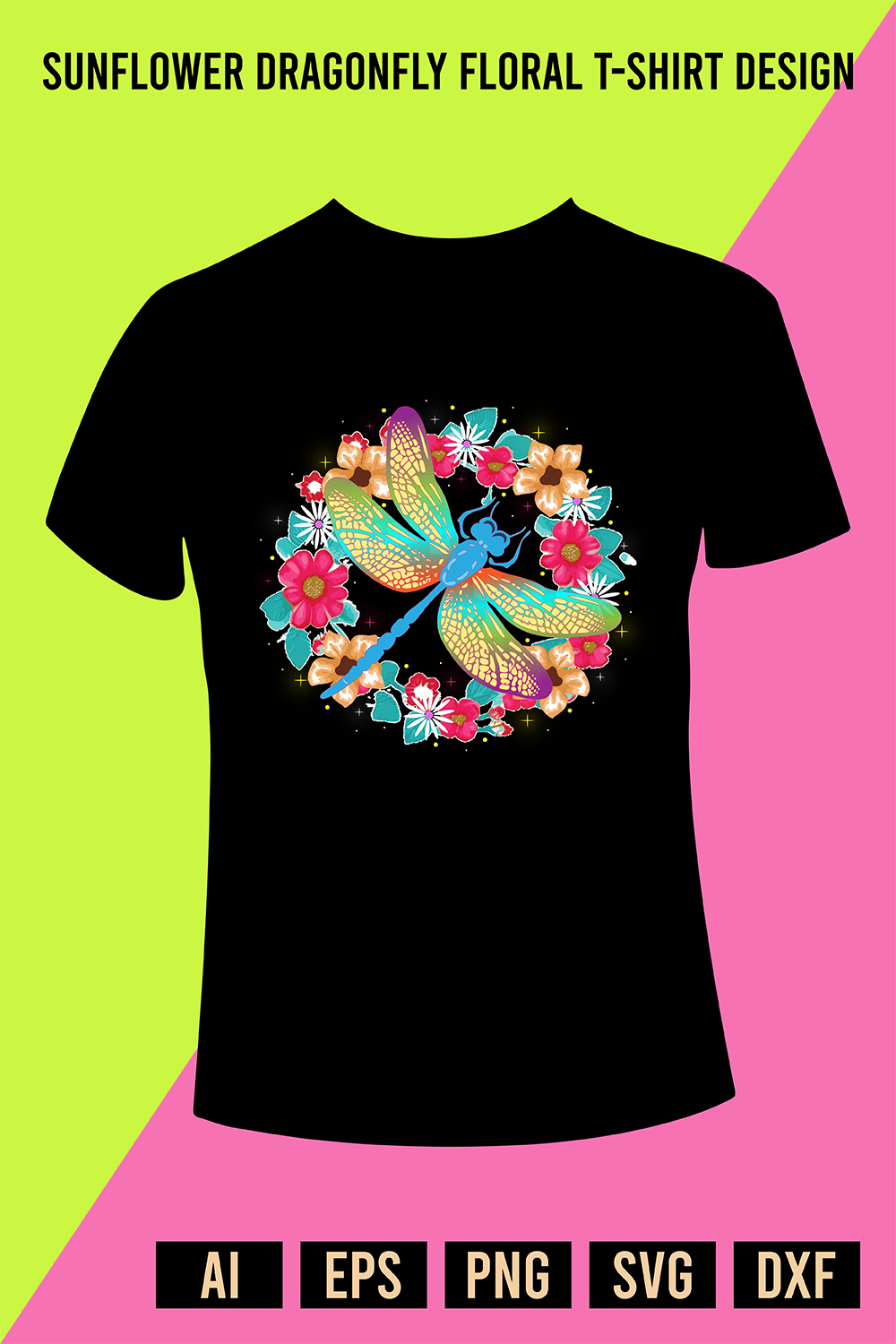 Dragonfly Floral T-Shirt Design pinterest preview image.