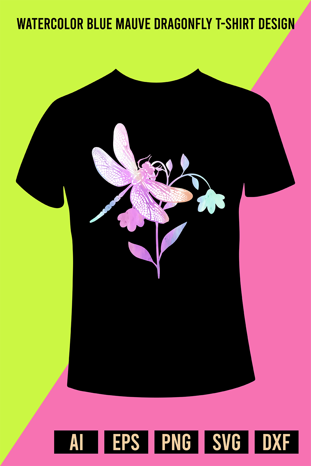 Watercolor Blue Mauve Dragonfly T-Shirt Design pinterest preview image.