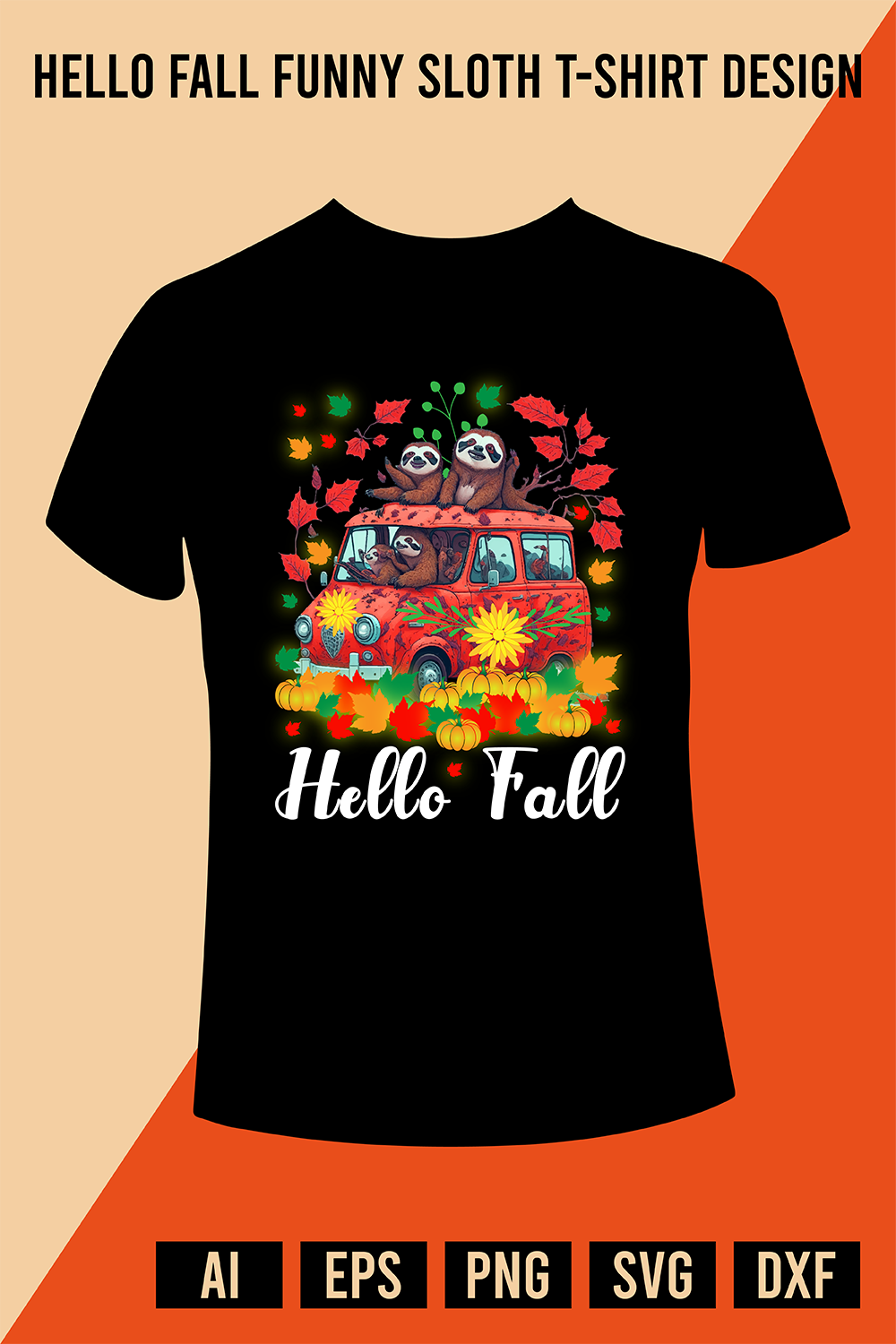 Hello Fall Funny Sloth T-Shirt Design pinterest preview image.